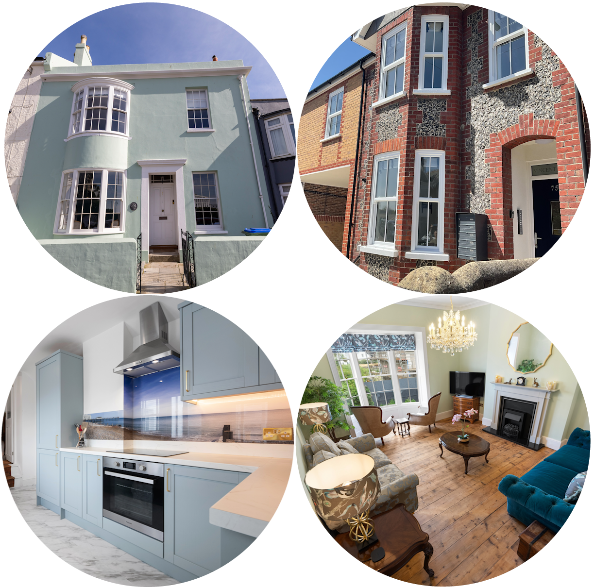 Composite image featuring two houses, a kitchen interior, and a living room interior.