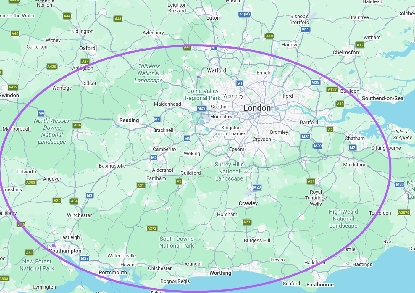 Map of Greater London, showing surrounding regions and national parks with an overlaid purple oval.