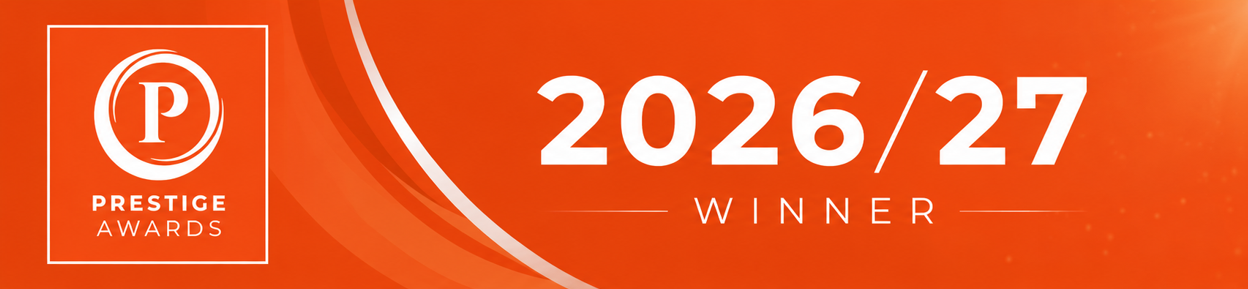 Graphic celebrating the 2026/27 winner of the Prestige Awards with an orange background, a white Prestige Awards logo, and text indicating the award year and winner status.