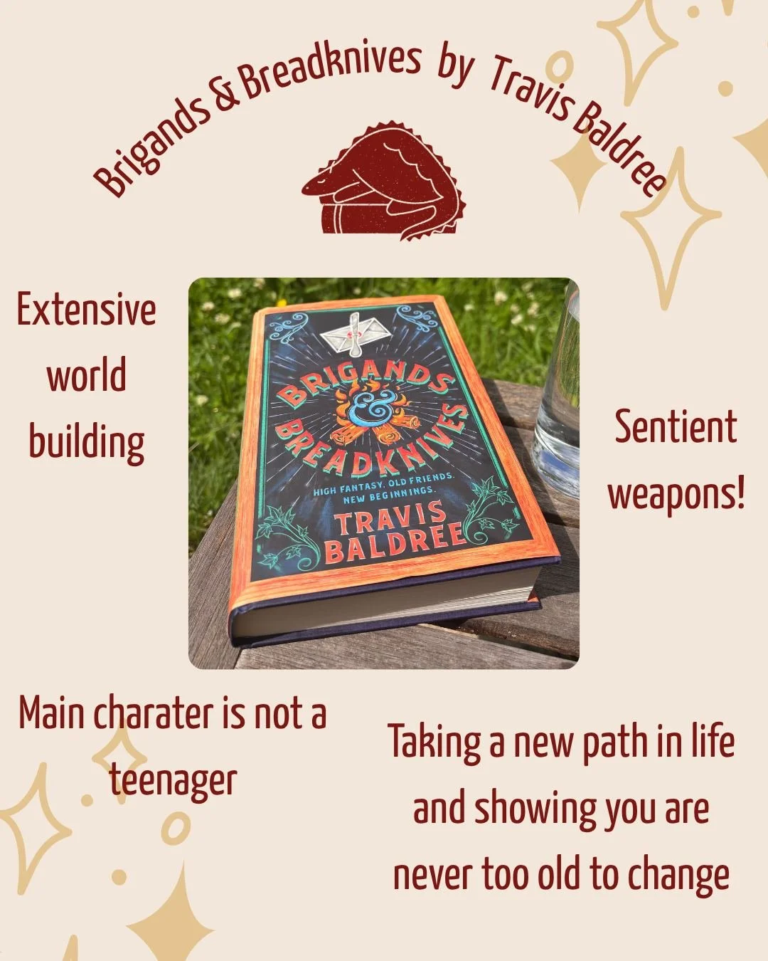 Things are slowly happening with The Book Dragon Bookshop, so I'm providing thoughts on a recent read. 

Brigands &amp; Breadknives by @travis_baldree is excellent for escapism; well written and an easy read. I really enjoyed his previous novels with