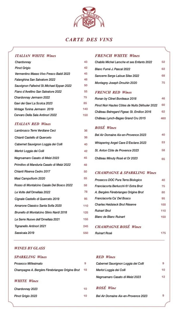 A wine list menu including categories for Italian White Wines, French White Wines, French Red Wines, Rosé Wines, Champagne & Sparkling Wines, Red Wines, Rosé Wines, and wines by glass. It features various wine names, vintage years, and prices.