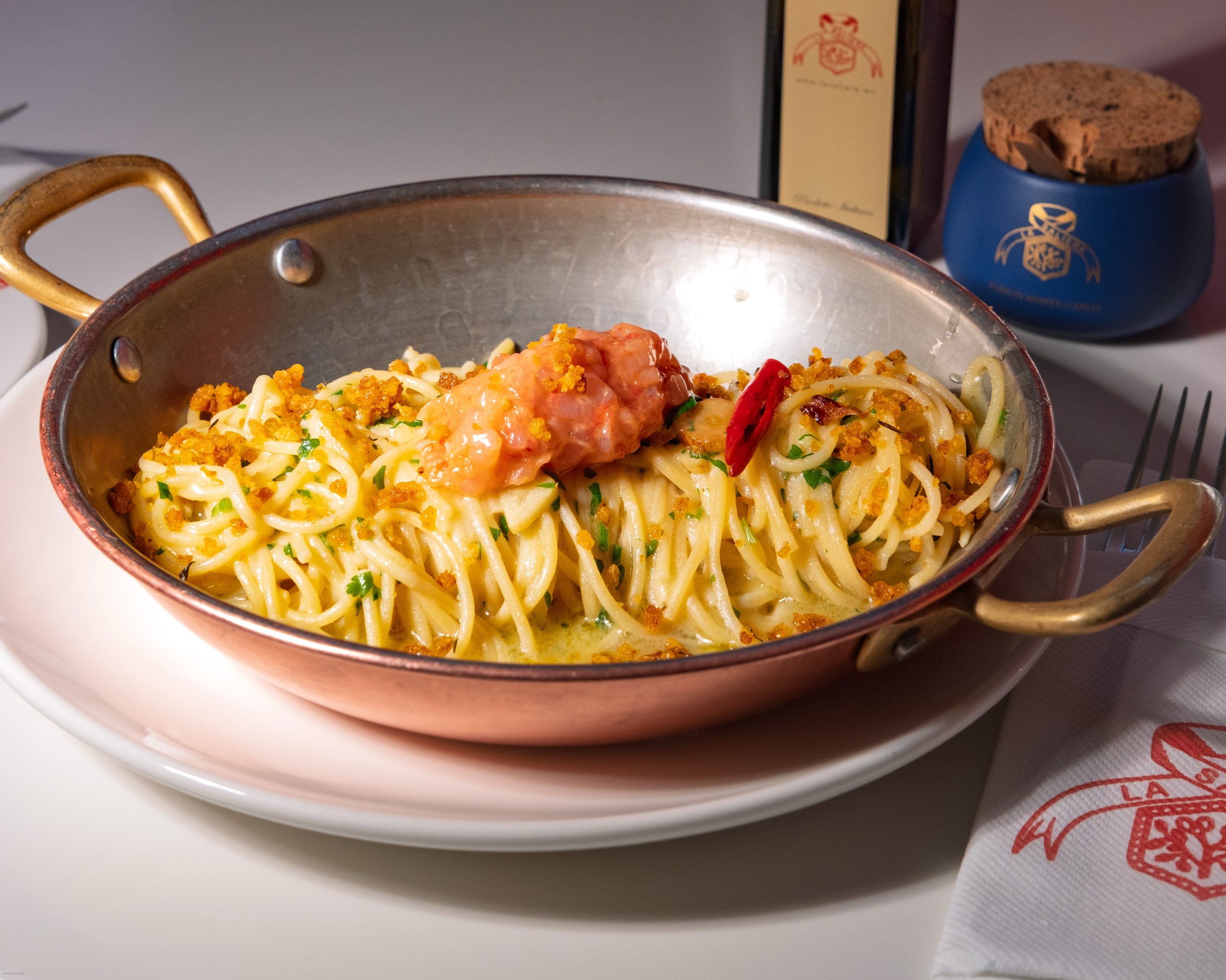The famous Aglio Olio &amp; Peperoncino with Tartare of Red Prawn di Mazara del Vallo

#lasaliere #lasalieremonaco
#monaco #montecarlo