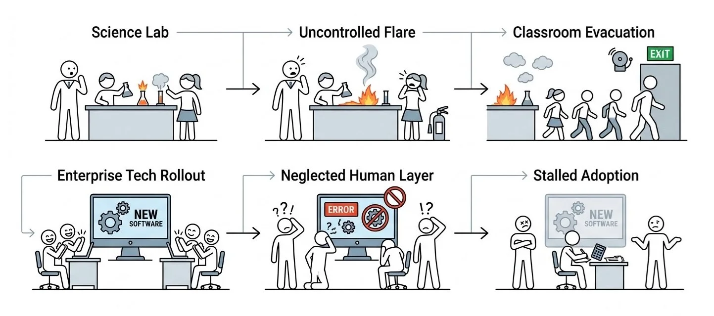 A two-row stick-figure infographic titled "The Parallels of Uncontrolled Environments," contrasting a classroom lab fire evacuation with an enterprise tech rollout suffering from a neglected human layer and stalled adoption.