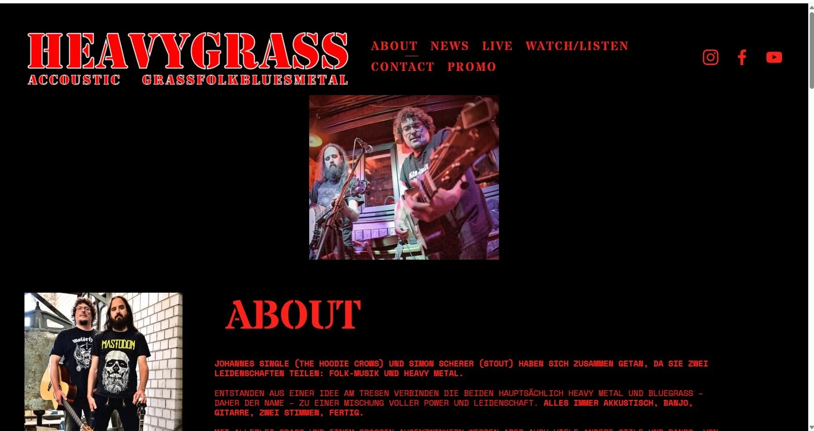 WWW.HEAVYGRASS.DE

Ja, wir sind endlich online! Alles &uuml;ber unser verr&uuml;cktes, spa&szlig;iges, metalig-folkig-allesiges Projekt jetzt gesammelt an einem Ort! UP THE BANJOES!

Yes, we're finally online! All about our crazy, funny, metally-folk