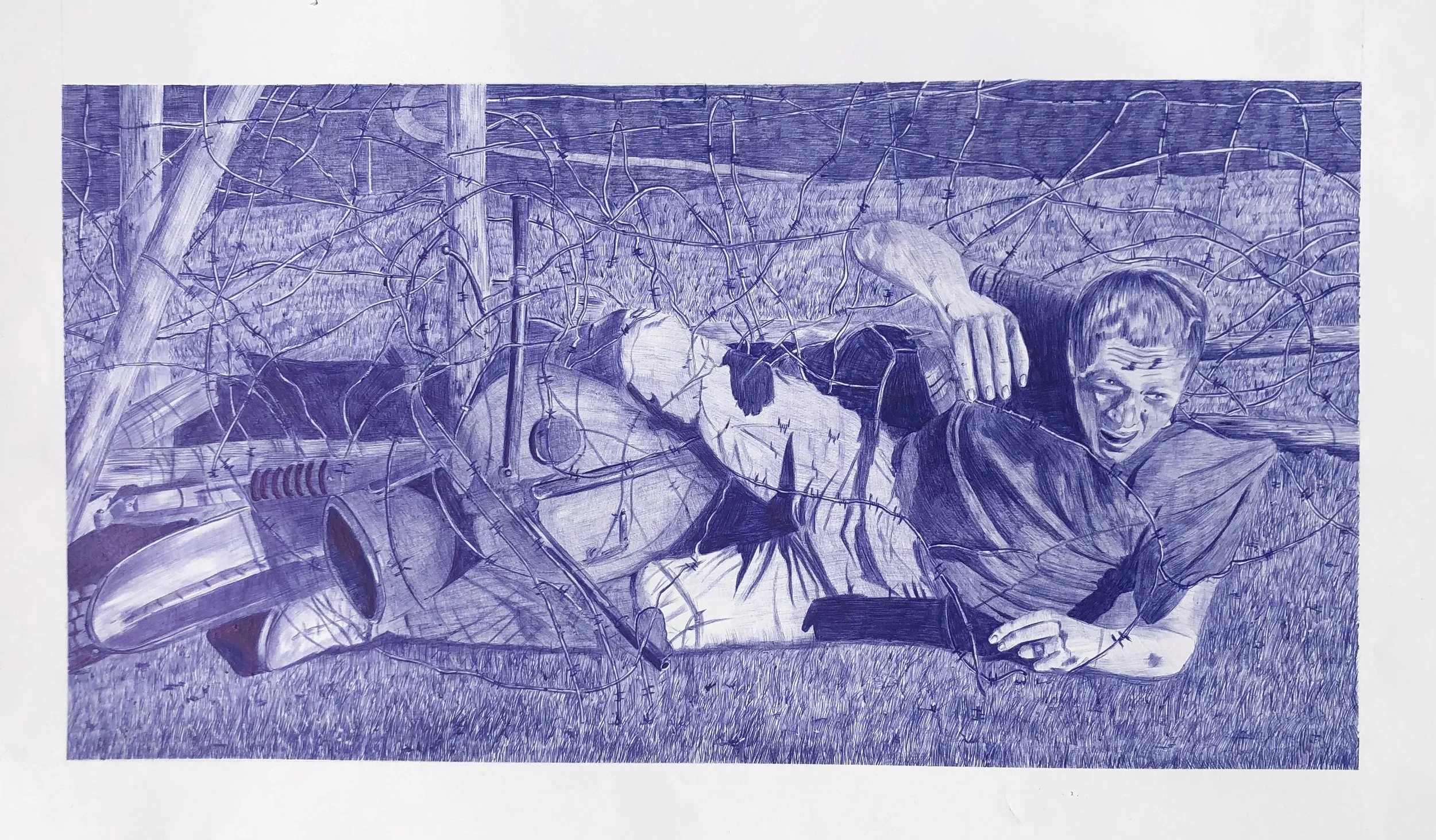 La Grande Évasion (Hommage au film)
Stylo bille (Bic) sur papier
51 × 81 cm
Hommage vibrant à une scène culte du cinéma qui a marqué l'enfance de l'artiste. Le dessin capture la chute dramatique de Steve McQueen (Hilts) enchevêtré dans les fils de fe
