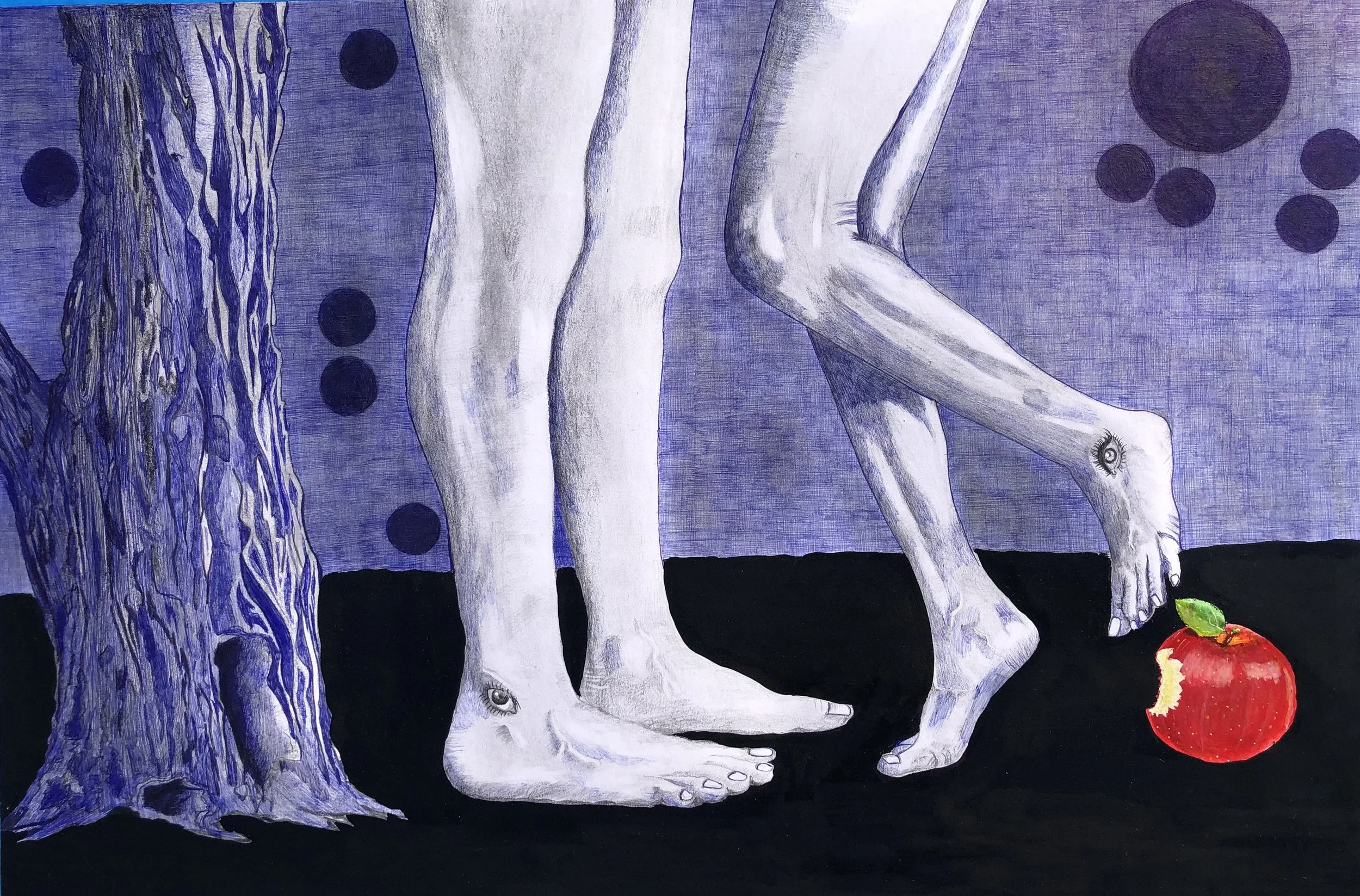 Ce que l'arbre a vu
Technique mixte (crayon, stylo bille BIC, acrylique, encre de Chine)
52 \times 72\text{ cm}
2026
Au pied de l'arbre, les corps s'attardent et le fruit est entamé. Une scène mystérieuse où la matière végétale et le dessin à l'encre
