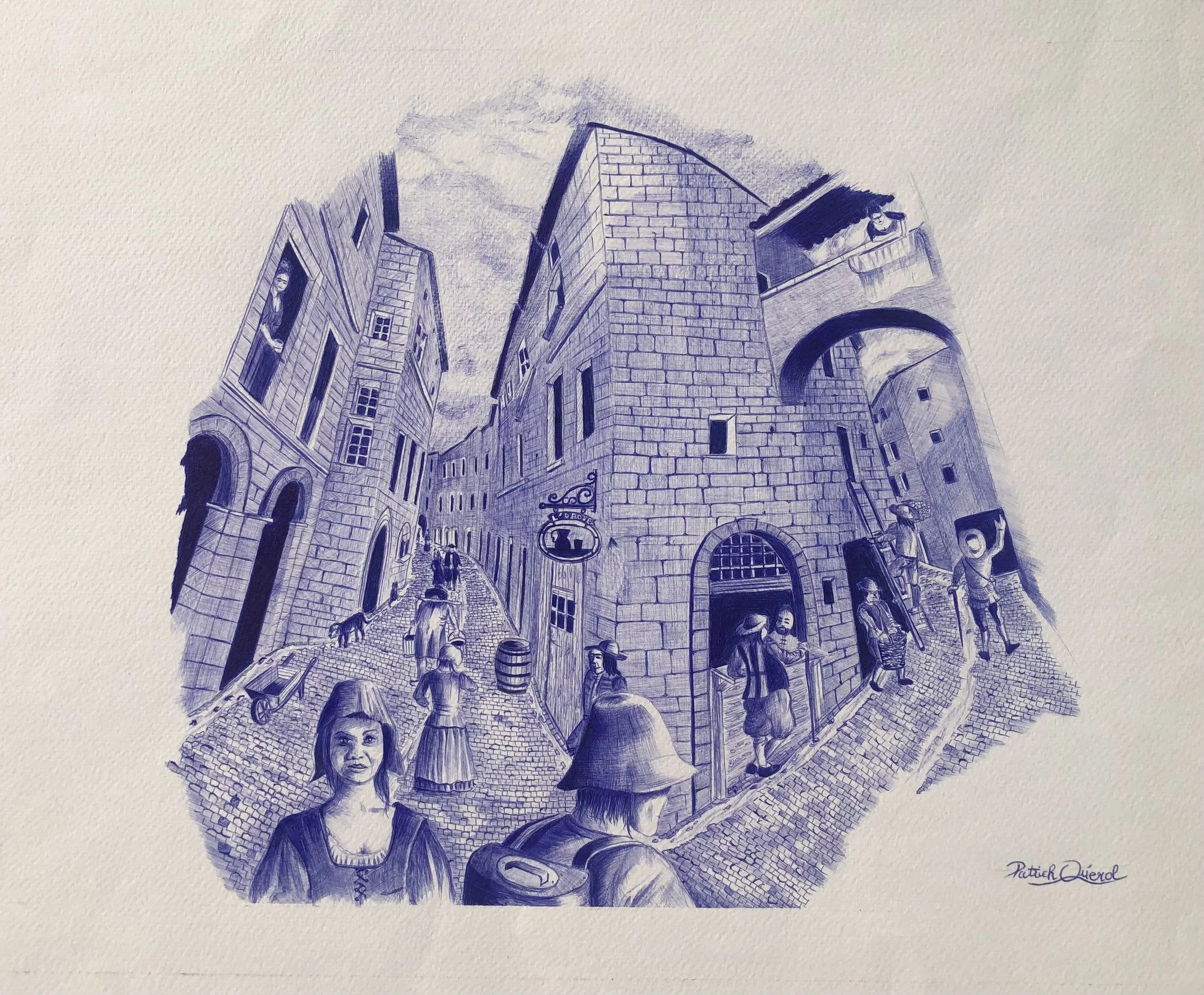 La Rue de la Foire à Pézenas (Anciennement Rue Droite)
Stylo bille bleu sur papier aquarelle — 42 × 52 cm
Cette composition foisonnante fait revivre l'âge d'or commerçant de Pézenas en immortalisant l'historique Rue de la Foire, autrefois nommée Rue 