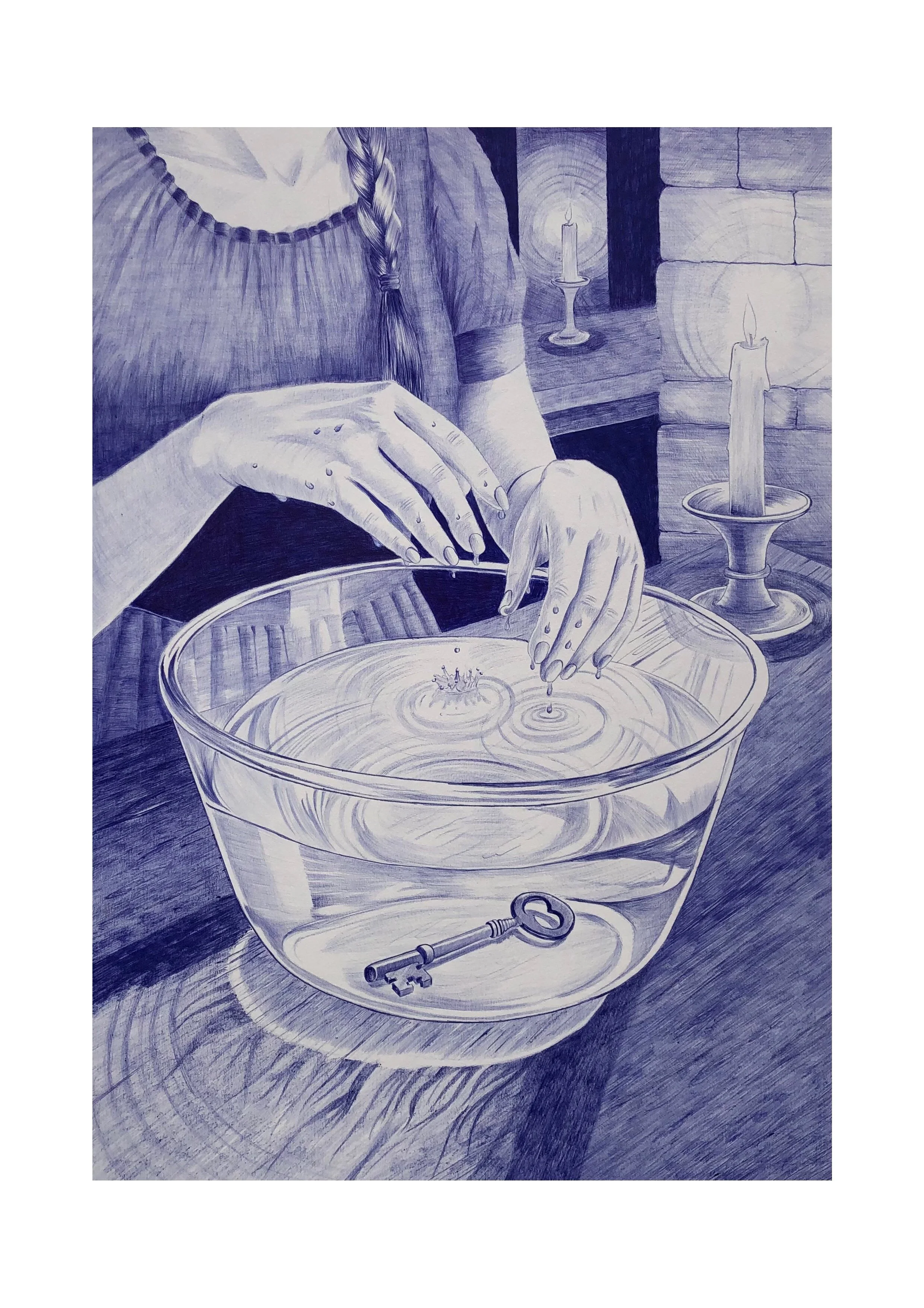 La clef des songes
Stylo bille (Bic) sur papier
91 × 61 cm
Une composition captivante et mystérieuse, au centre de laquelle une femme aux cheveux tressés tient ses mains suspendues au-dessus d'un bol d'eau en verre rempli. Une clé ornée repose au fon