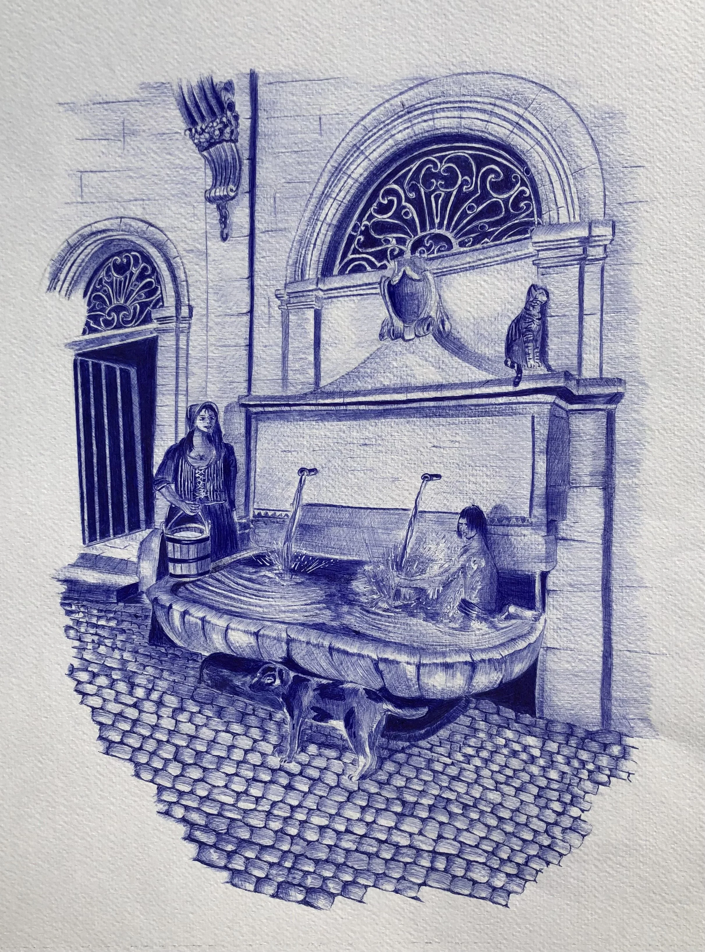 Fontaine place Gambetta à Pézenas
2025-stylo bic sur papier-42cmx32cm

Au cœur de Pézenas, là où l'histoire des États du Languedoc a laissé son empreinte, la fontaine de la place Gambetta reprend vie. Entre les pierres témoins d'un passé prestigieux 