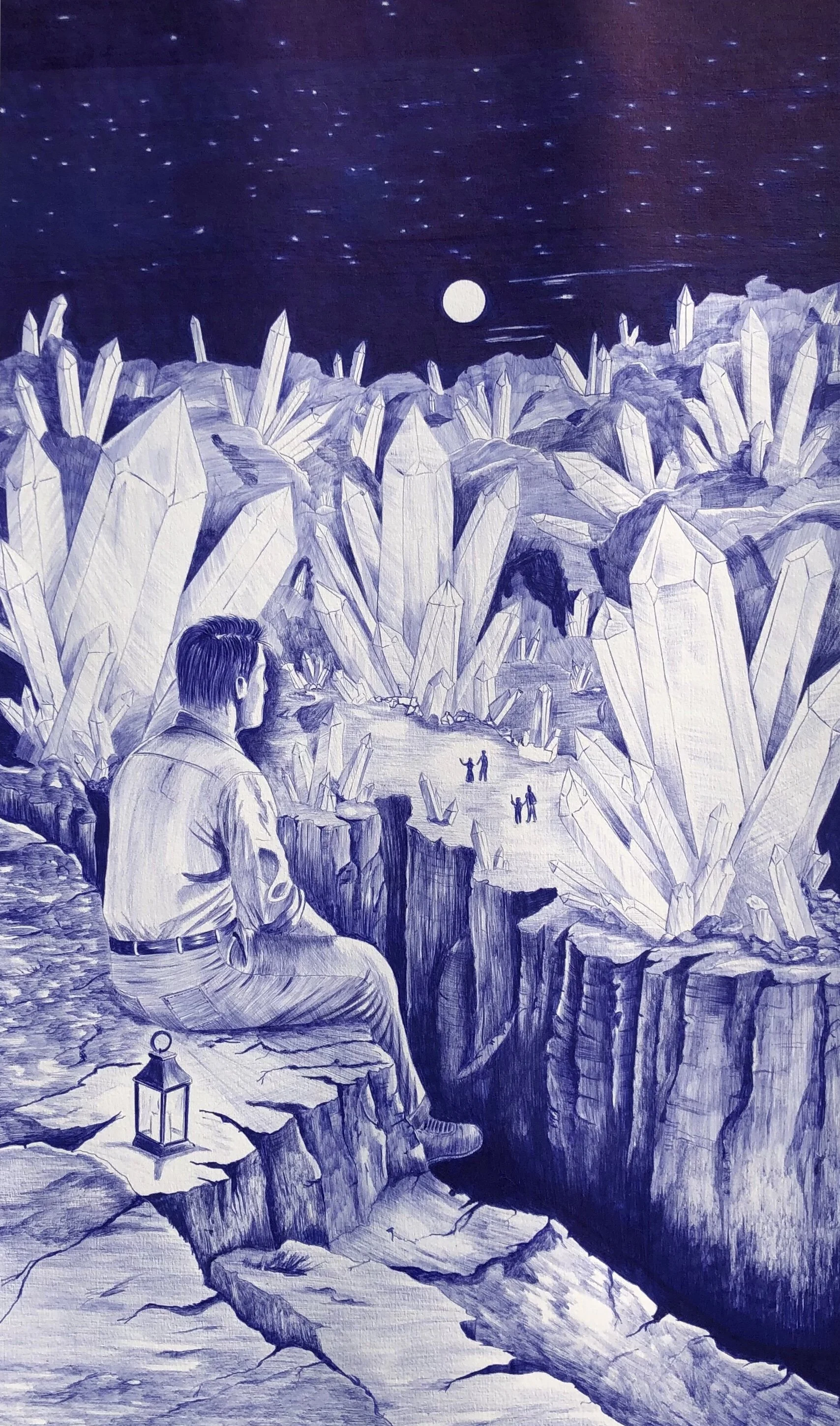 Contemplation
Stylo bille bleu sur papier — 91cmx61cm
Cette œuvre invite à une plongée introspective au cœur d'un univers minéral et mystique, célébrant l'émerveillement face à l'immensité.