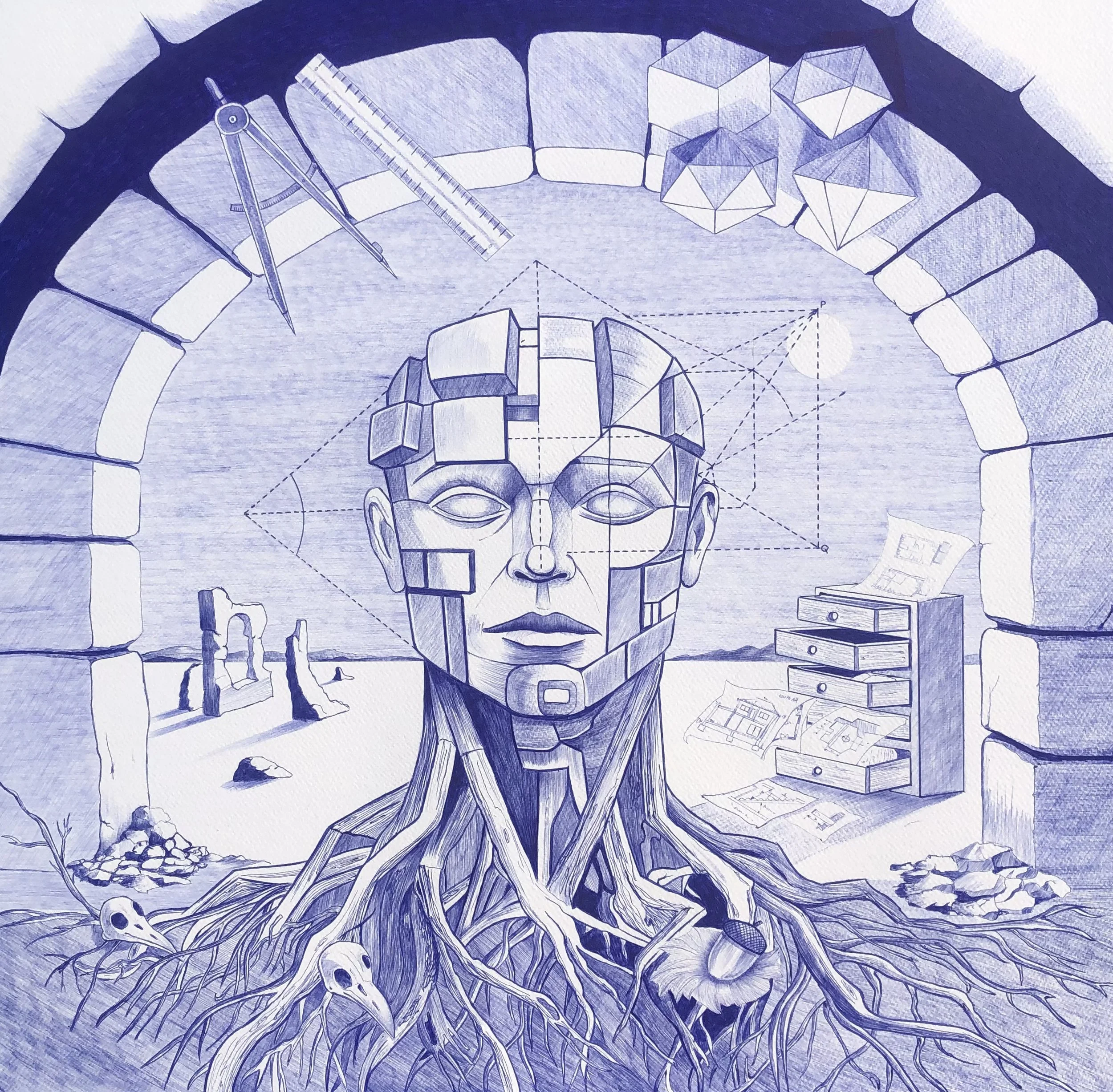 Géométrie 
Stylo bille bleu sur papier — 75 × 75 cm
Cette œuvre surréaliste d'un format carré parfait propose une méditation sur la création, la logique et la structure de la conscience.