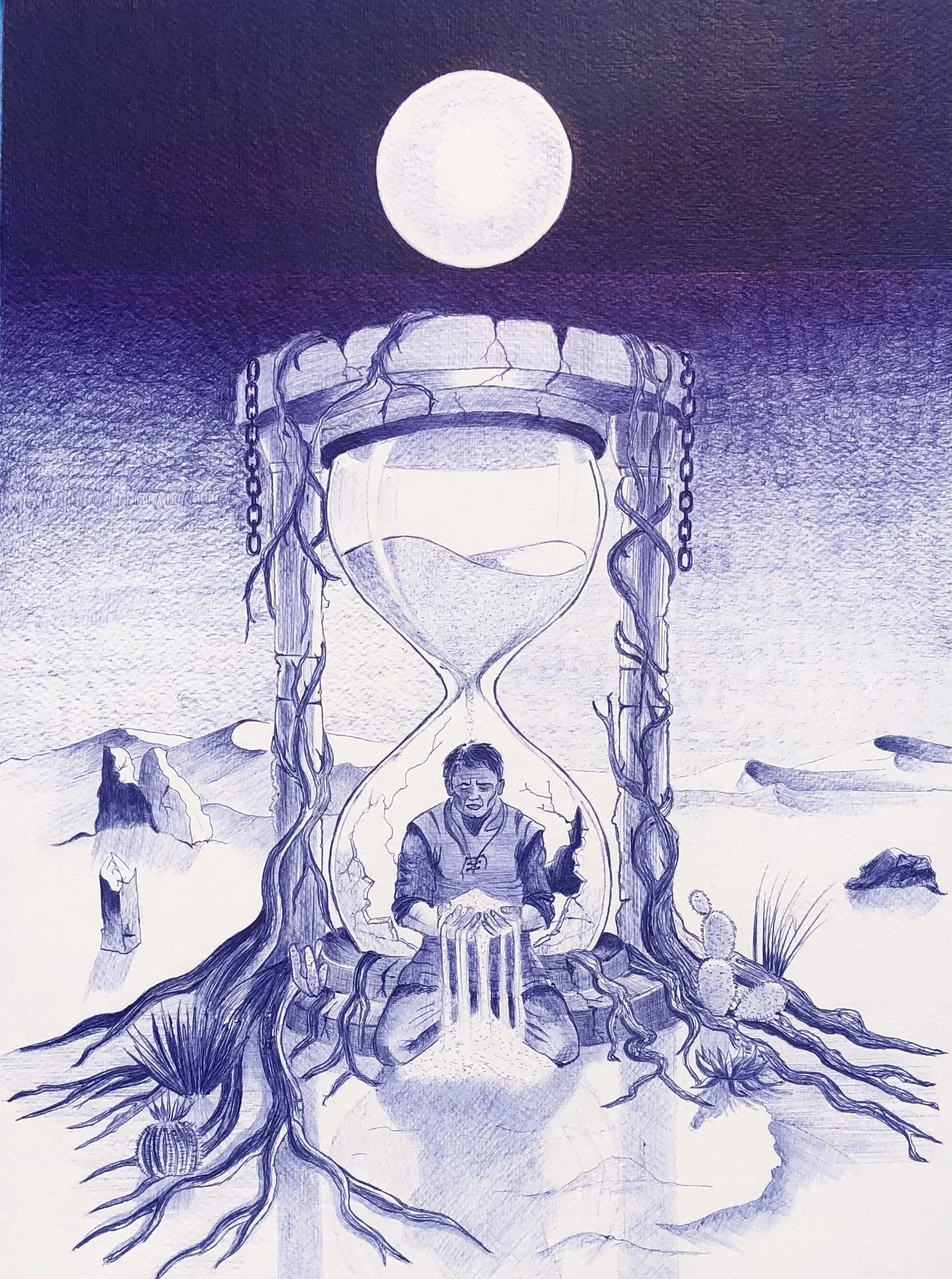 Le Sablier
Stylo bille bleu sur papier — 72 × 52 cm
Cette composition allegorique explore avec une émotion retenue le thème du temps qui passe et de la vanité des certitudes humaines.