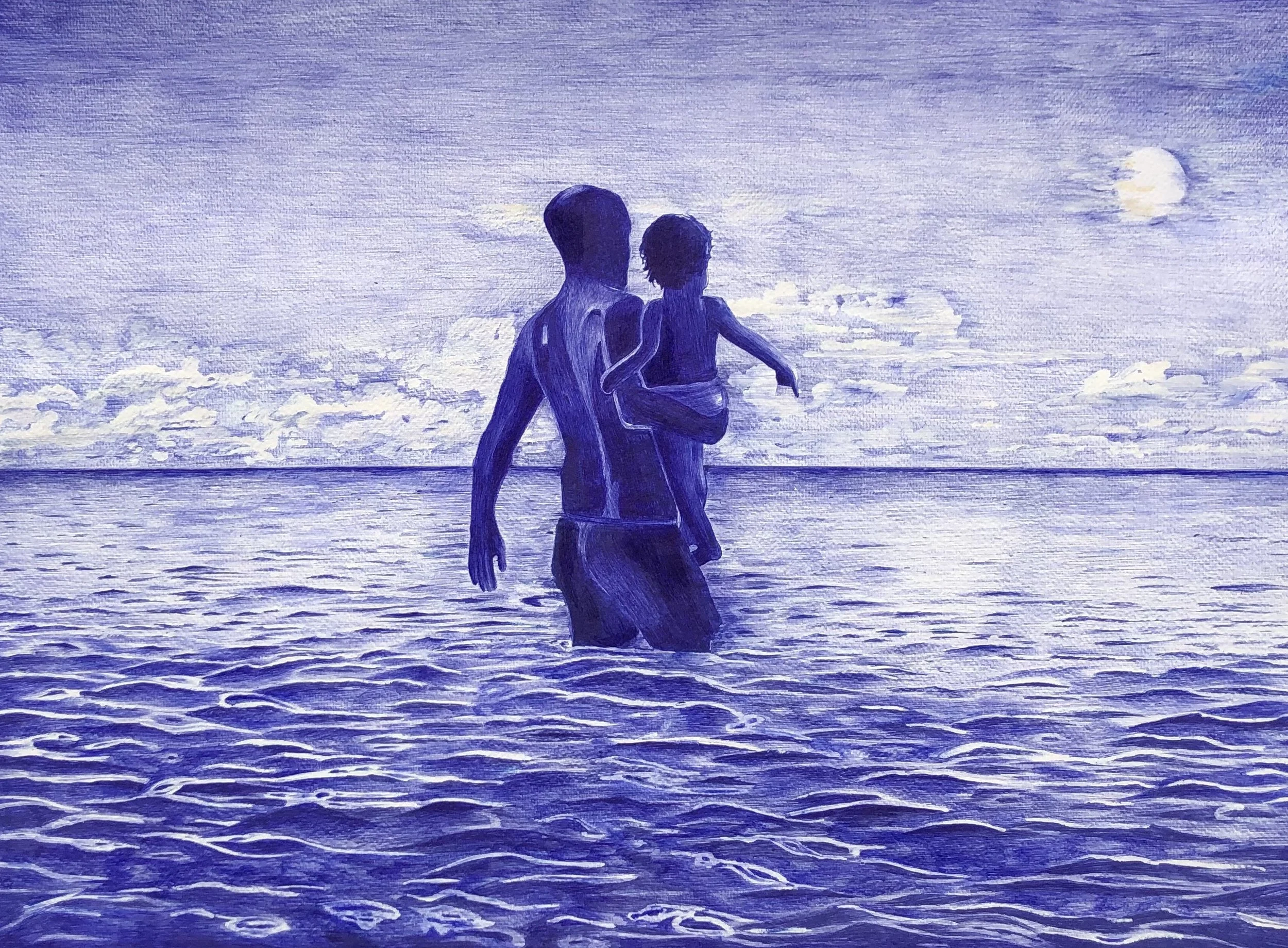 Plage de Palavas, Rive Droite
Stylo bille (Bic) sur papier
52 × 72 cm
Une œuvre empreinte de poésie et de tendresse, saisissant un père portant son enfant à bras dans la mer, face au horizon. Exécutée au stylo bille bleu, la composition joue sur les 