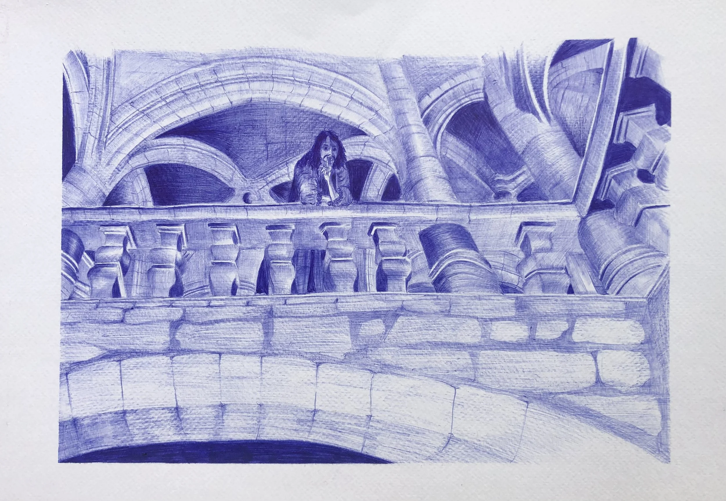 Hôtel de Lacoste, Pézenas — 2025
Stylo Bic sur papier, 32 × 42 cm.

Une silhouette s’appuie sur la rambarde de l’Hôtel de Lacoste. Serait-ce un clin d’œil à Jean-Baptiste Poquelin, figure intemporelle et témoin de l’histoire de Pézenas ?

