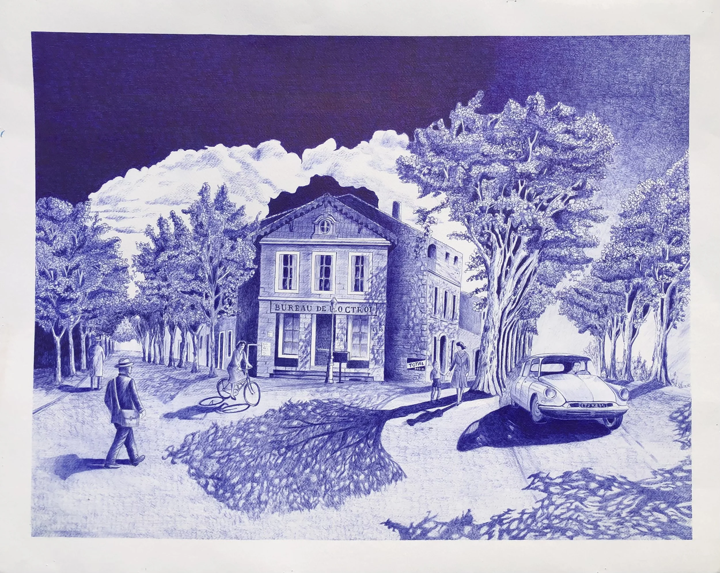 L’Ancienne Maison de l’Octroi à Pézenas (Début des années 1960)
Stylo bille (Bic) sur papier
61 × 91 cm
Cette œuvre fait revivre le Pézenas du début des années 1960 devant l'ancien Bureau de l'Octroi. Entièrement exécuté au stylo bille bleu, le dessi