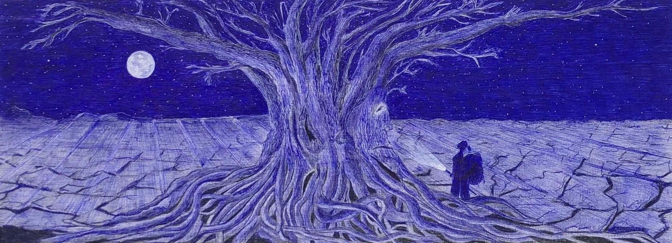 Dialogue avec le vieil arbre
Stylo bille (Bic) sur papier
32 × 52 cm
Une œuvre Onirique et fantastique d'un format panoramique, mettant en scène la rencontre nocturne entre une randonneuse munie d'une lampe de poche et un arbre vénérable au tronc ant