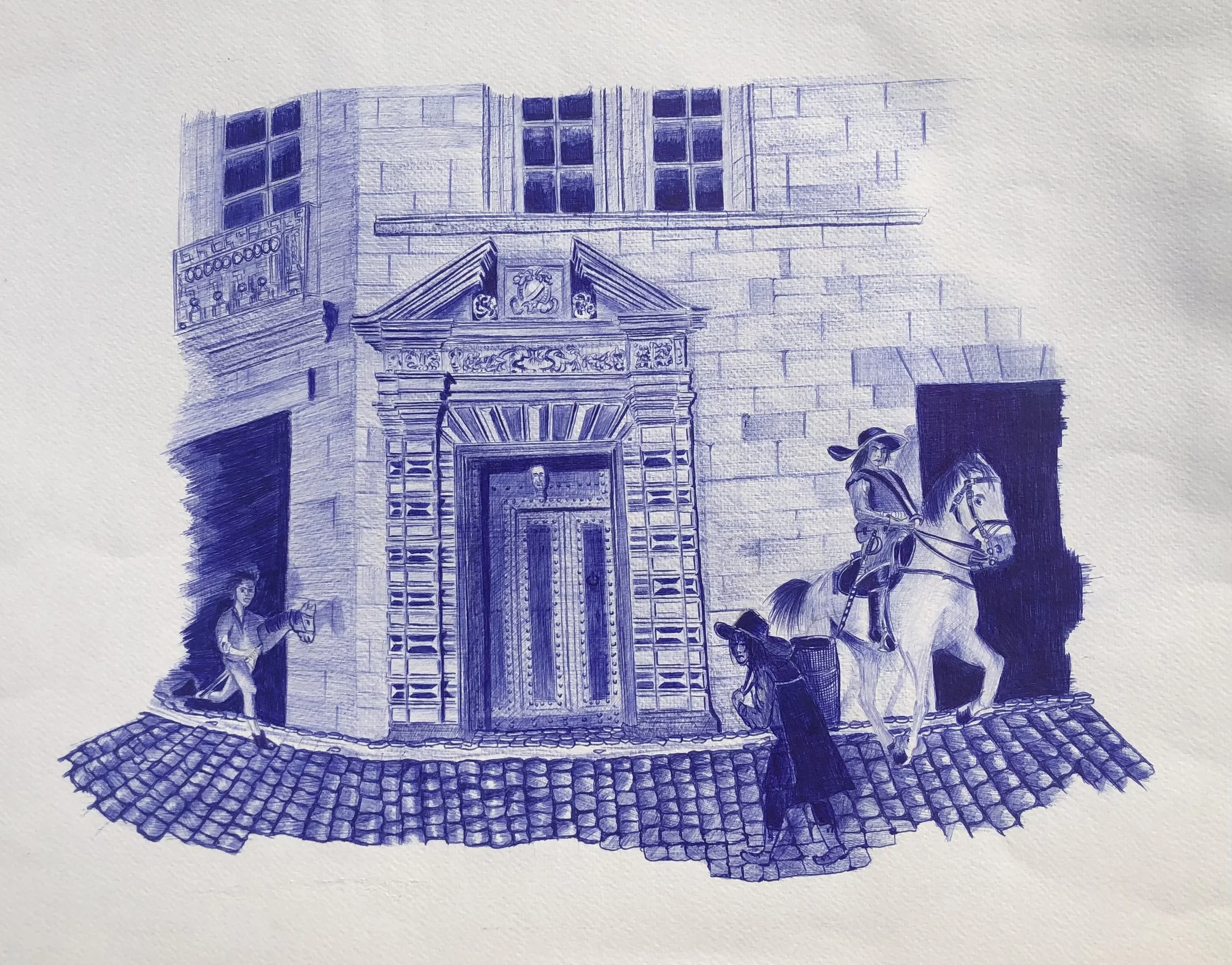 Porte de l’ancienne commanderie de saint-Jean-de-Jérusalem
2025-stylo bic sur papier-42cmx32cm

Jean de Jérusalem (XVII iéme siècle)
Les 2 cavaliers
Dans l'ombre des façades historiques, un enfant chevauche son imaginaire. En imitant le cavalier qui 