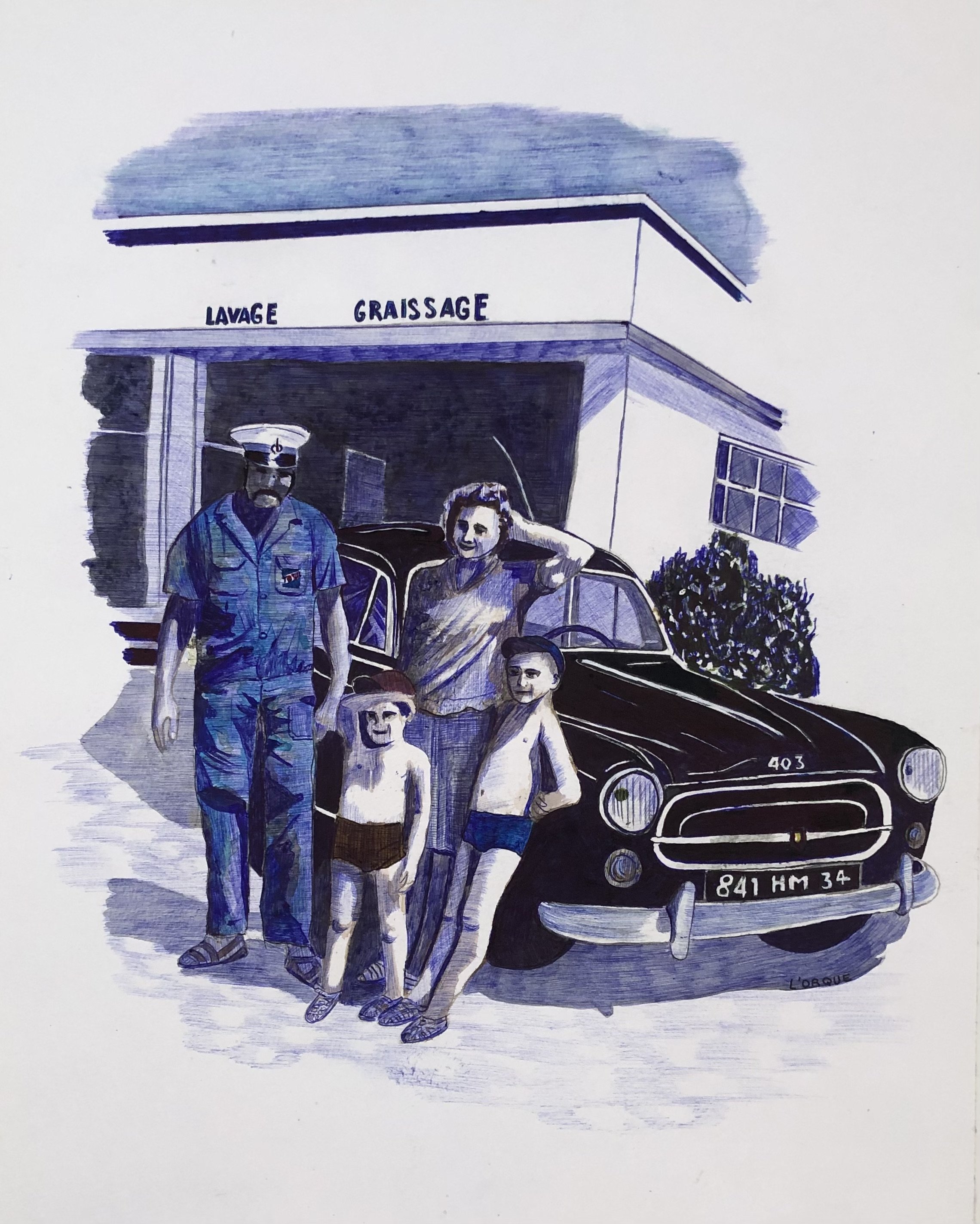 Un dimanche à la station 
2025-stylo bic sur papier-52cmx42cm

Une parenthèse de tendresse dans le quotidien de la station-service familiale à Pézenas. Autour de la Peugeot 403, le temps se fige sur une scène de famille : mes parents ,mon frère et mo