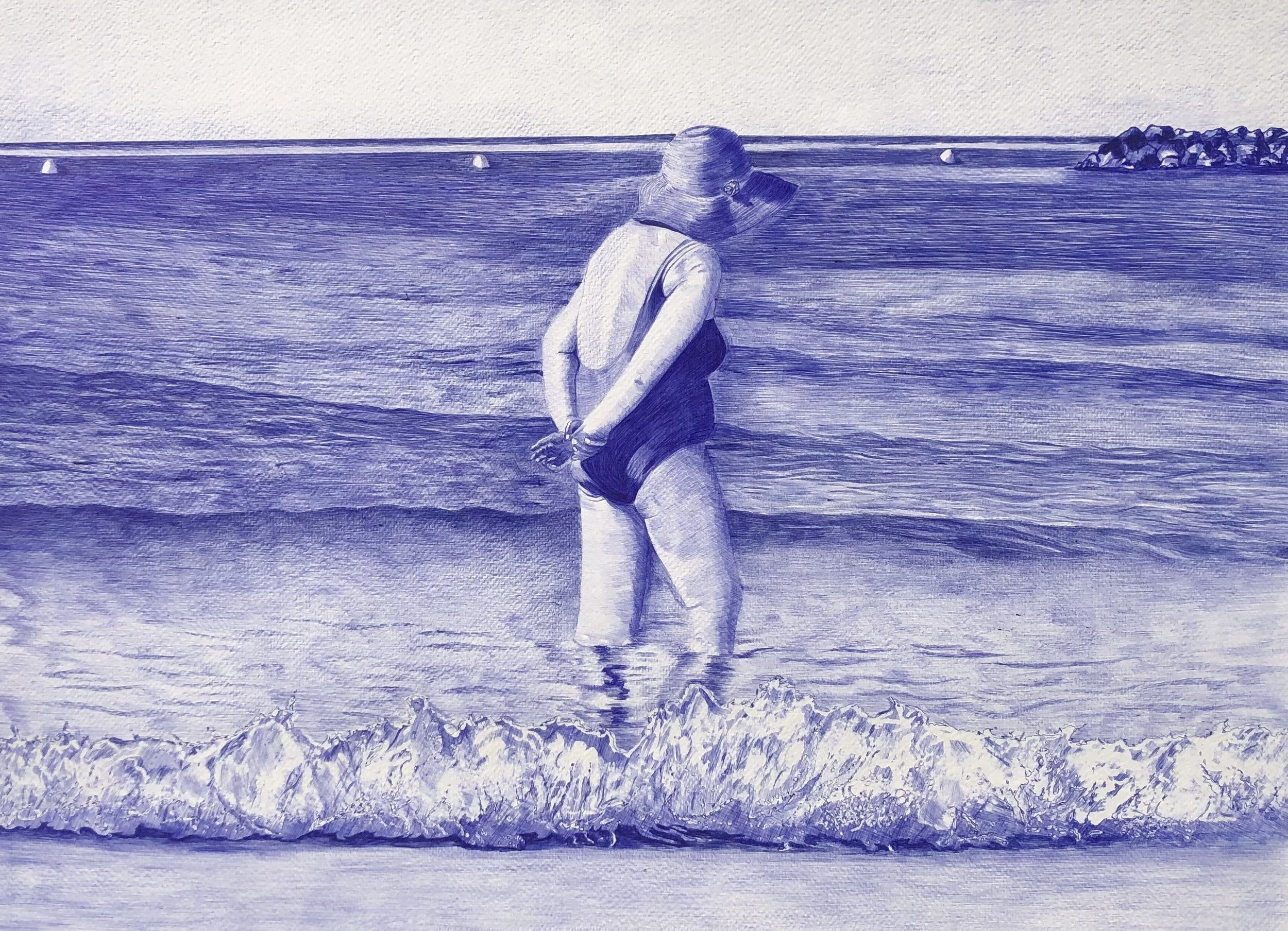 Plage de Palavas, Rive Droite
Stylo bille (Bic) sur papier aquarelle
52 × 72 cm
Une scène balnéaire intime et contemplative capturée sur la plage de Palavas-les-Flots. Entièrement exécutée au stylo bille bleu, l'œuvre saisit le moment suspendu d'une 