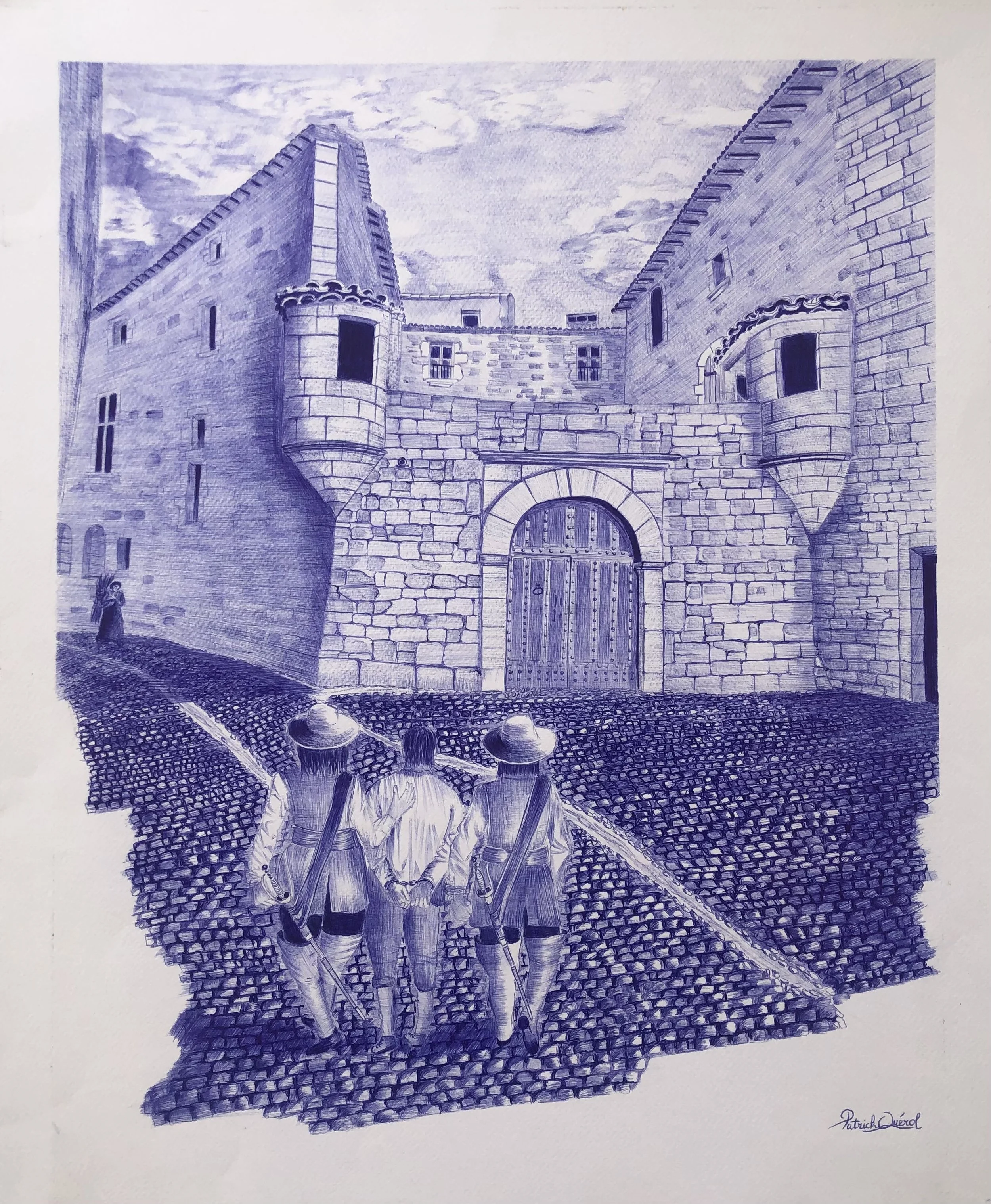 L’Ancienne Prison de Pézenas
Stylo bille bleu sur papier aquarelle — 72 × 52 cm
Cette œuvre plonge le regard dans le passé historique de Pézenas à travers une scène de genre minutieuse : l'escorte d'un prisonnier par deux gardes menant vers le porche