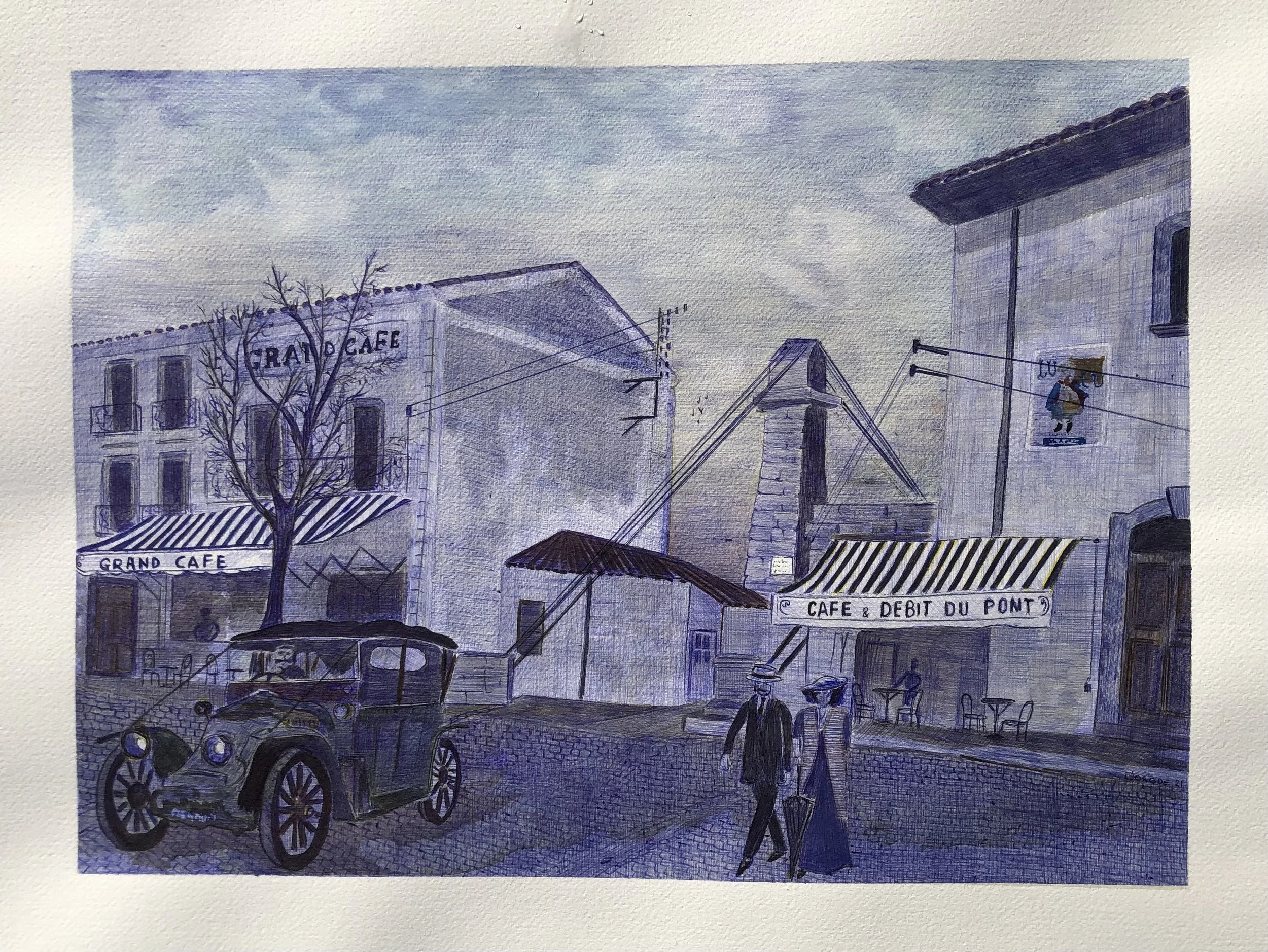 Vue d’Agde et l’Ancien Pont suspendu
Stylo bille et aquarelle sur papier aquarelle — 52 × 72 cm
Cette œuvre nous transporte au cœur du patrimoine agathois d'autrefois, immortalisant l'animation du bord de l'Hérault à la Belle Époque.
Technique et com