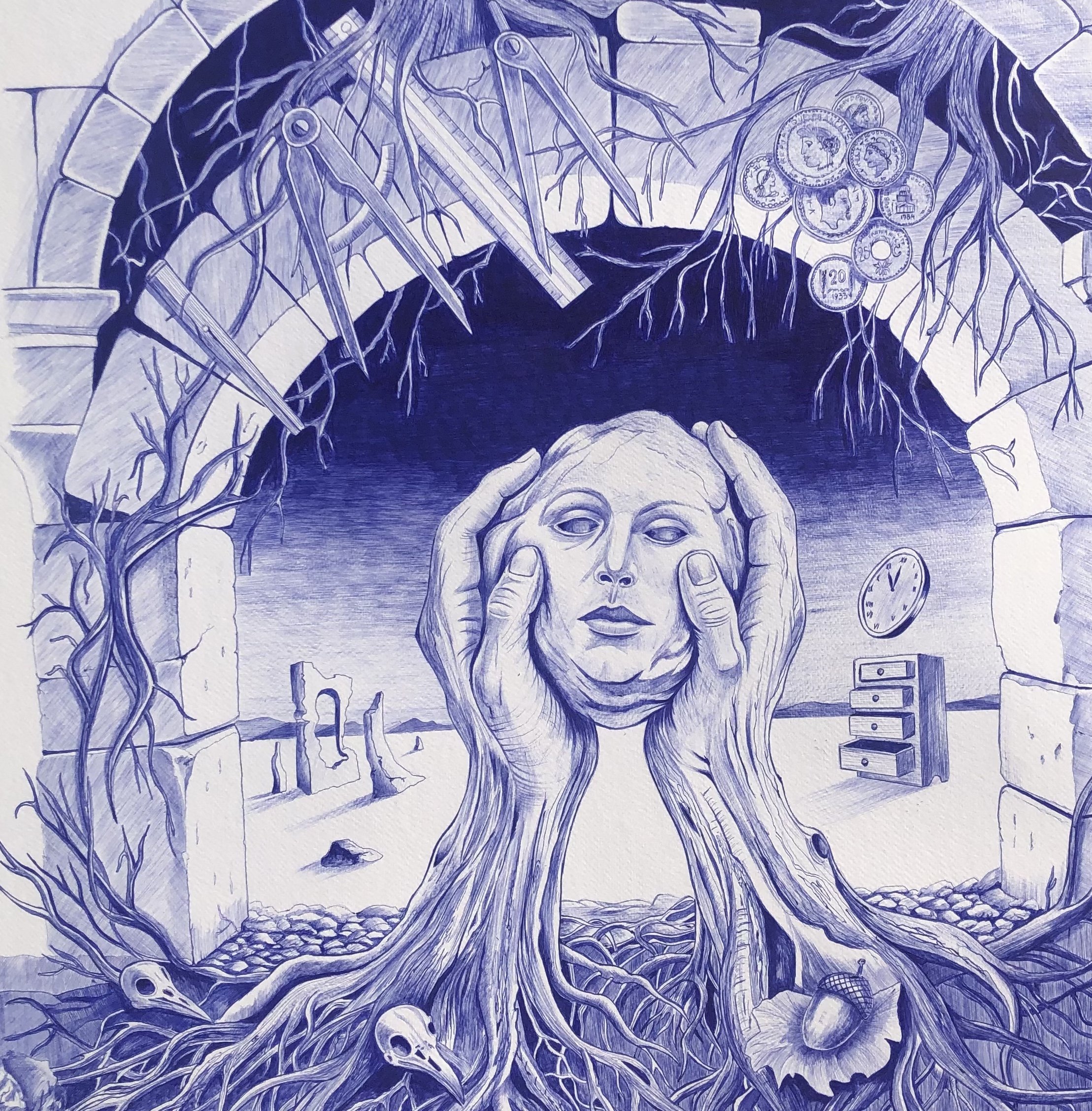 Le commencement 
Stylo bille bleu sur papier — 75 × 75 cm
Cette composition mystique et allégorique nous plonge au cœur d'une réflexion sur le temps, la matière et la quête de connaissance.