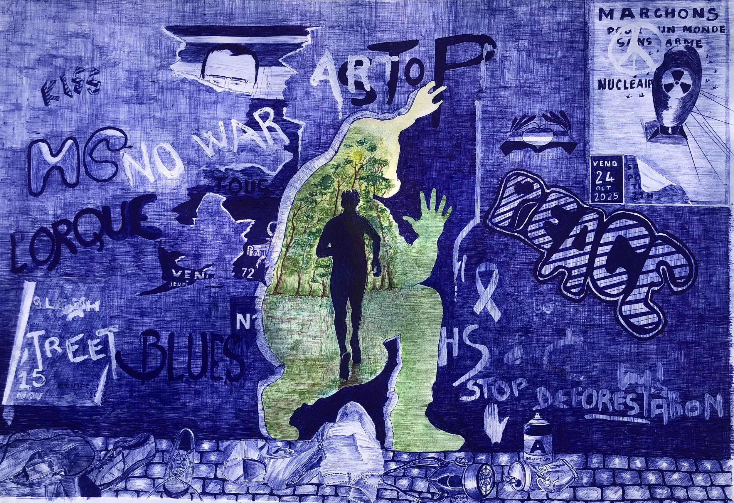 L'Échappée verte
Stylo bille bleu sur papier — 51 × 71 cm
Ce format horizontal propose un manifeste visuel fort, mêlant culture street art, engagement citoyen et aspiration au calme végétal.
