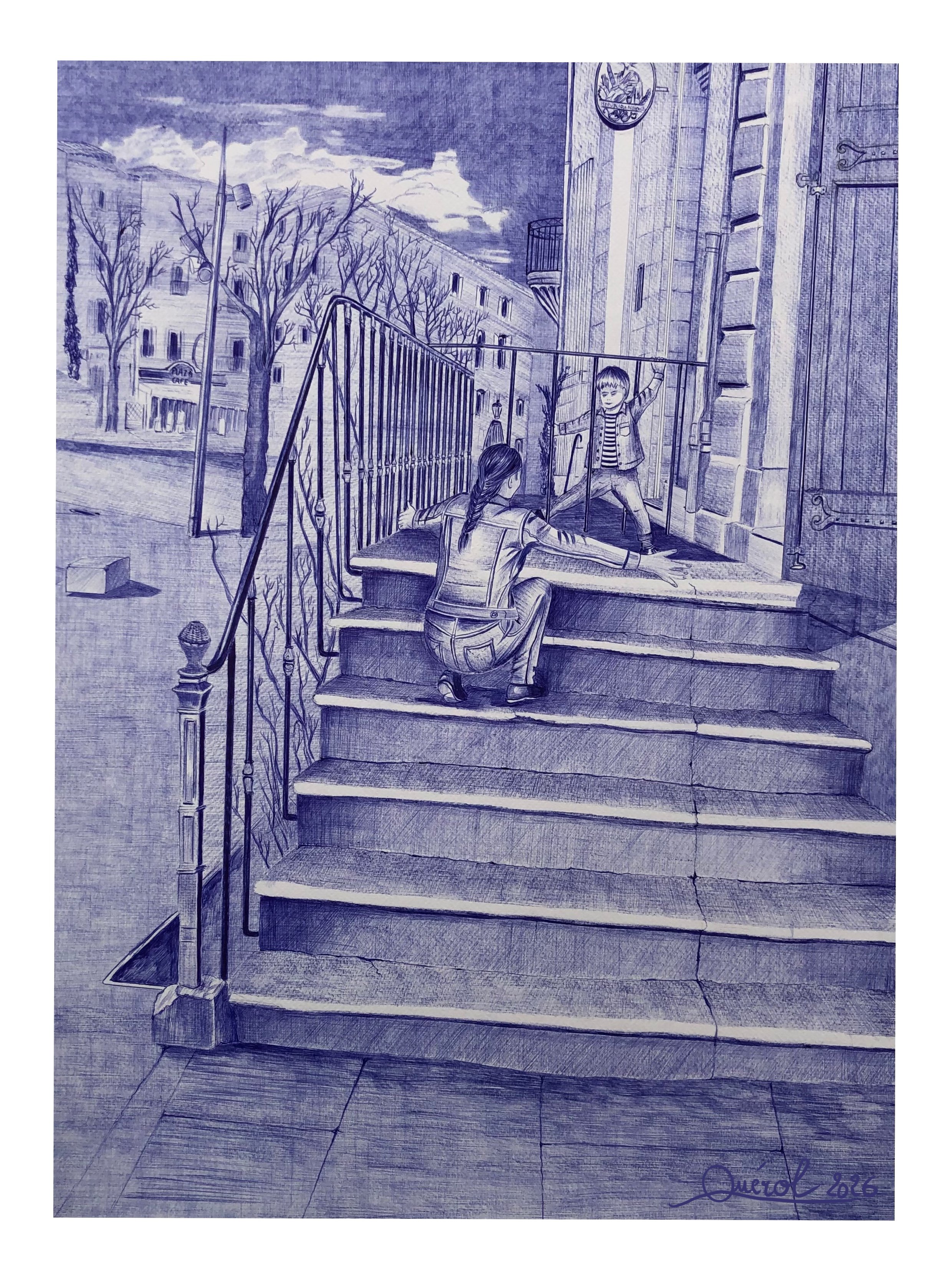 Jeu du passage cours Jean Jaurès à Pézenas 
2025-stylo bic sur papier-72cmx52cm

Sur les marches d'un escalier urbain, une complicité se dessine entre une silhouette accroupie et un enfant. Un échange de regards et de gestes qui transforme un simple 