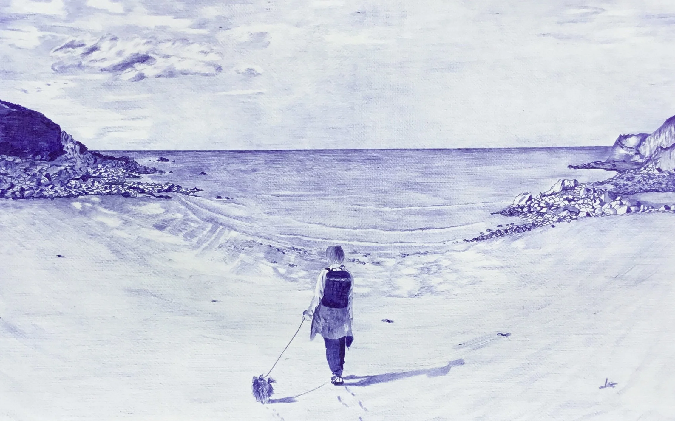 Promenade sur une plage en Bretagne
Stylo bille (Bic) sur papier
52 × 72 cm
Une scène côtière sauvage et poétique, immortalisant une promeneuse sac au dos tenant son chien en laisse, s'avançant vers l'océan. Entièrement réalisé au stylo bille bleu, l