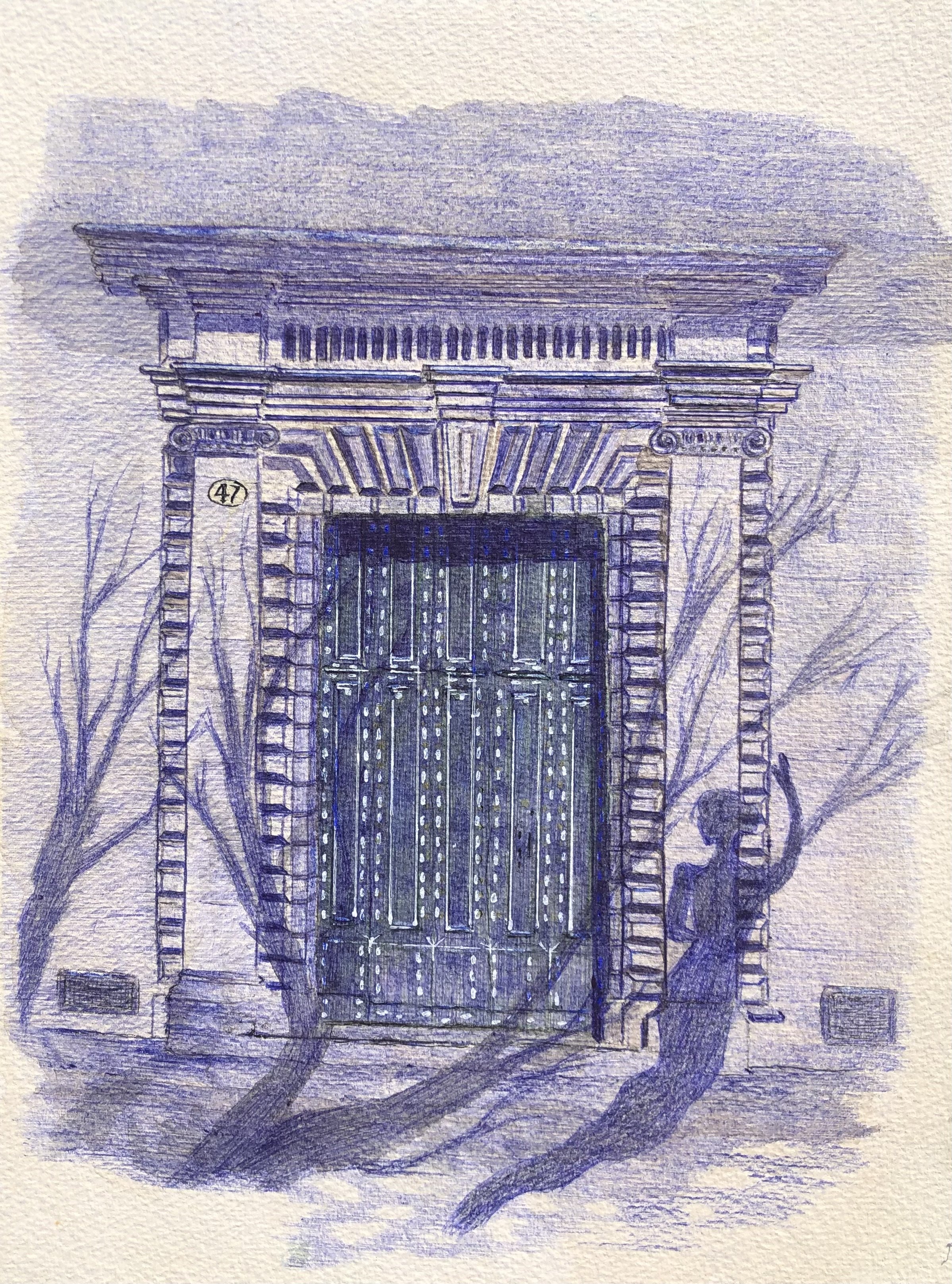 Porte de l’Hôtel de Malibran (Pézenas)
Stylo bille (Bic) et aquarelle sur papier aquarelle
42 × 32 cm
Étude patrimoniale et poétique autour de l'imposante porte du numéro 47 de l’Hôtel de Malibran à Pézenas. L'alliance du stylo bille et de l'aquarell