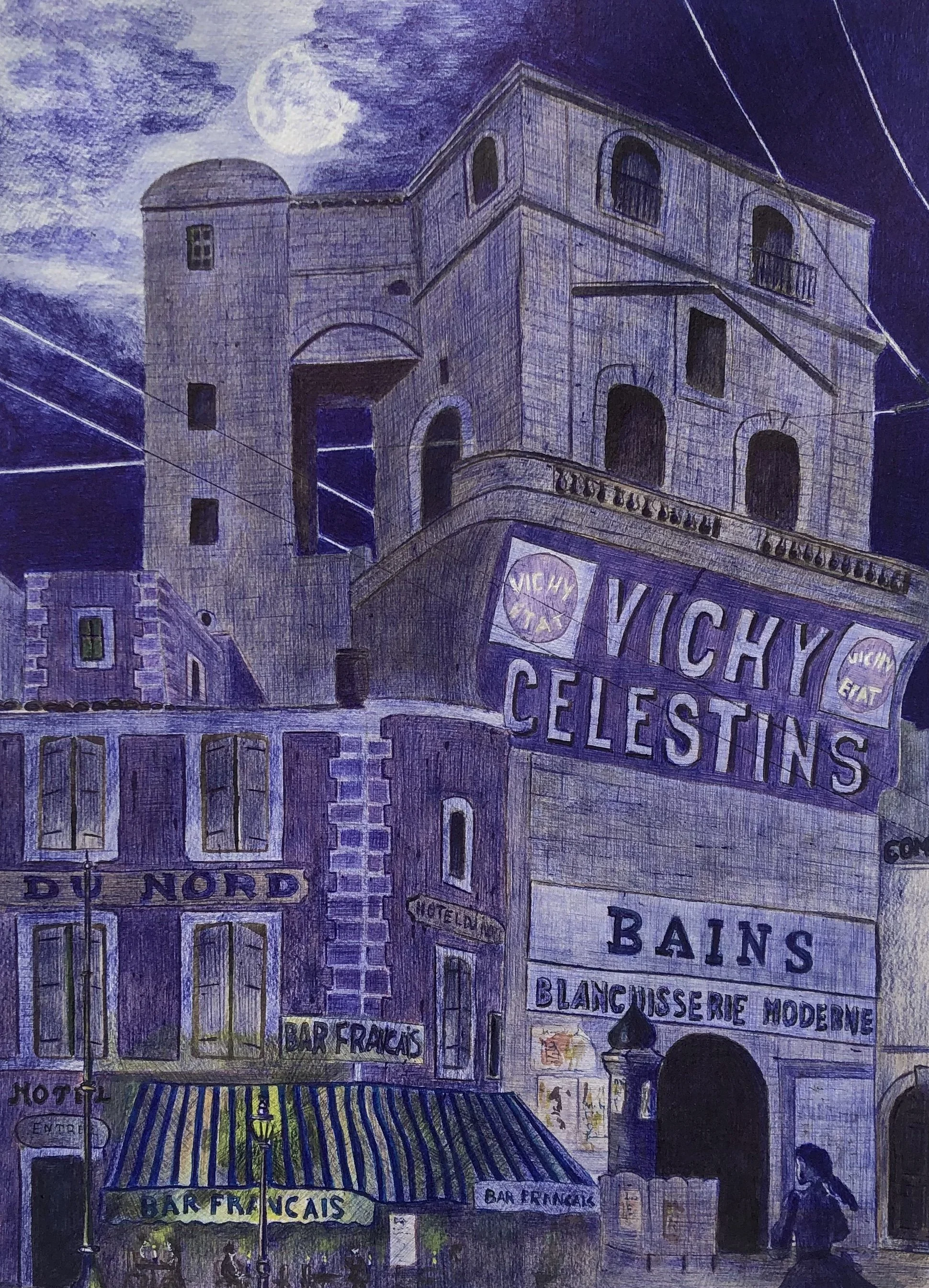La tour de la Babote à Montpellier 
2025-aquarelle et stylo bic sur papier-72cmx52cm

Sous la lumière lunaire, Montpellier replonge dans son passé. Au pied de la célèbre tour, l'atmosphère est empreinte d'une nostalgie ancienne. Dans le coin du table