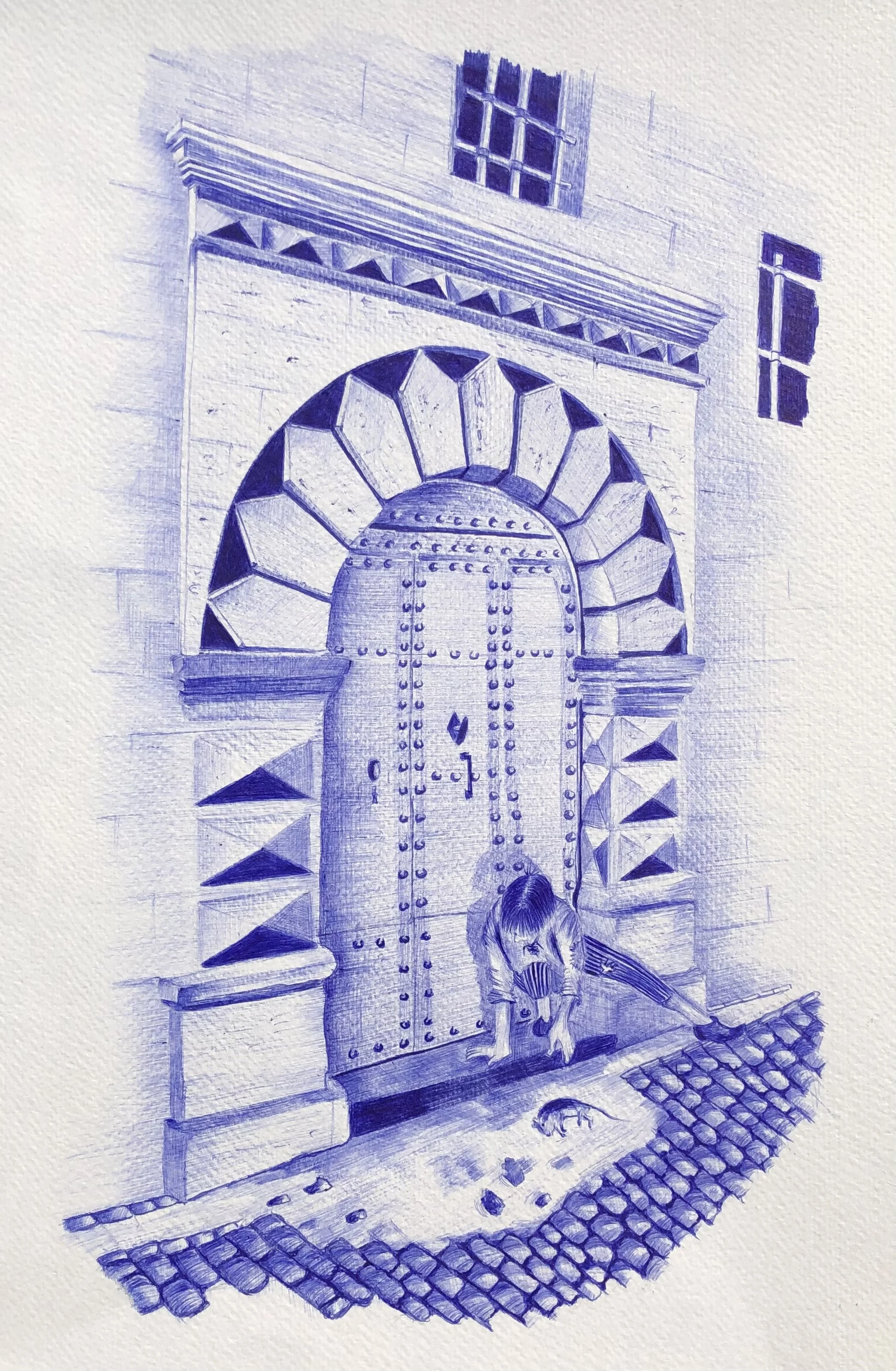 
Porte de la Rue de l’Ancienne Fromagerie (Pézenas)
Stylo bille (Bic) sur papier aquarelle
52 × 42 cm 2025
Mise en lumière du patrimoine piscenois à travers le portail remarquable à pointes de diamant de la Rue de l'Ancienne Fromagerie. L'œuvre conju