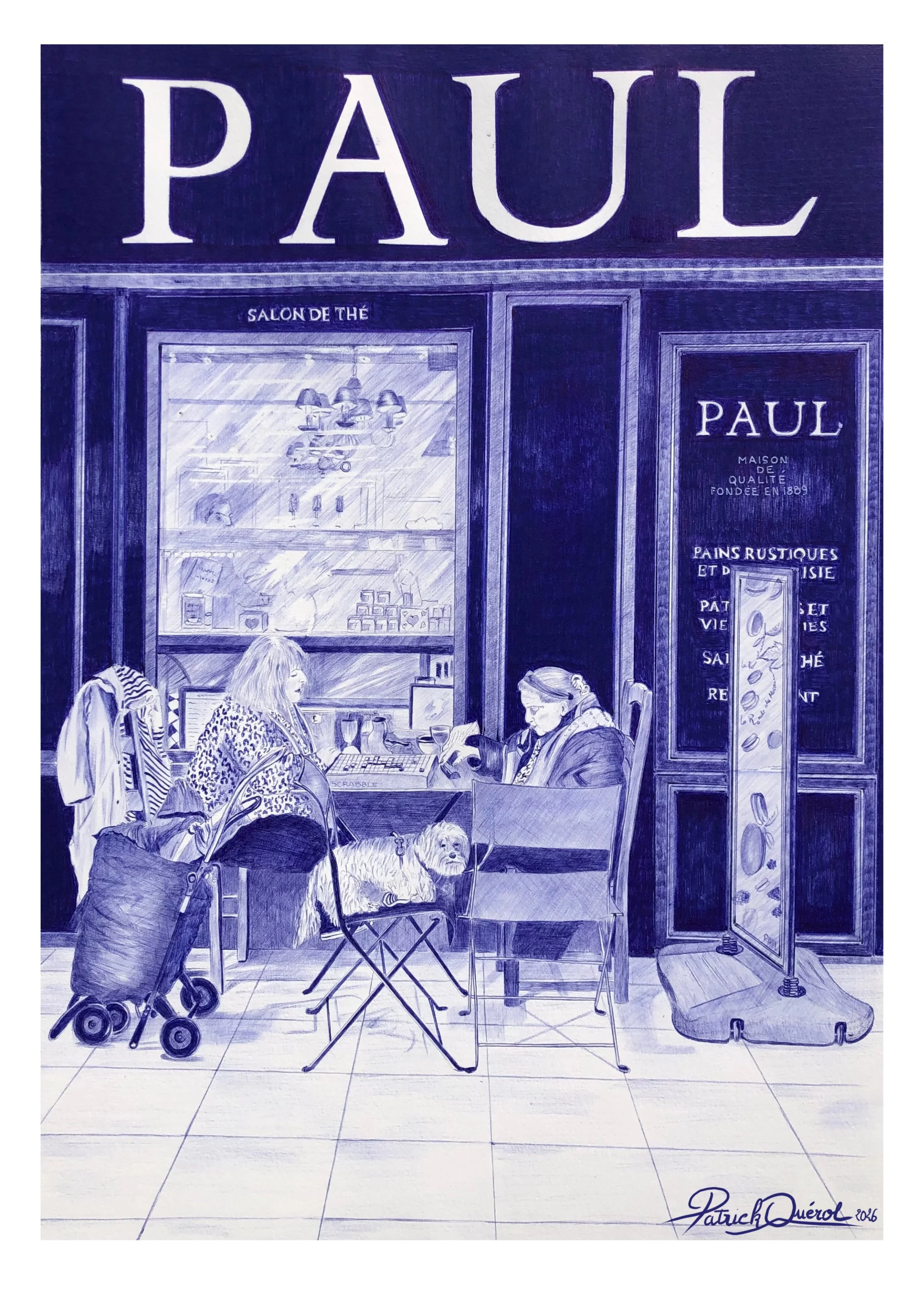 Les reines du Scrabble
 2026
Technique : Stylo BIC sur papier aquarelle Dimensions : 92 x 62 cm
Axe thématique : paysages intérieurs
Ce dessin capture un moment de complicité quotidienne au centre commercial Les Portes du Soleil à Juvignac. On y retr