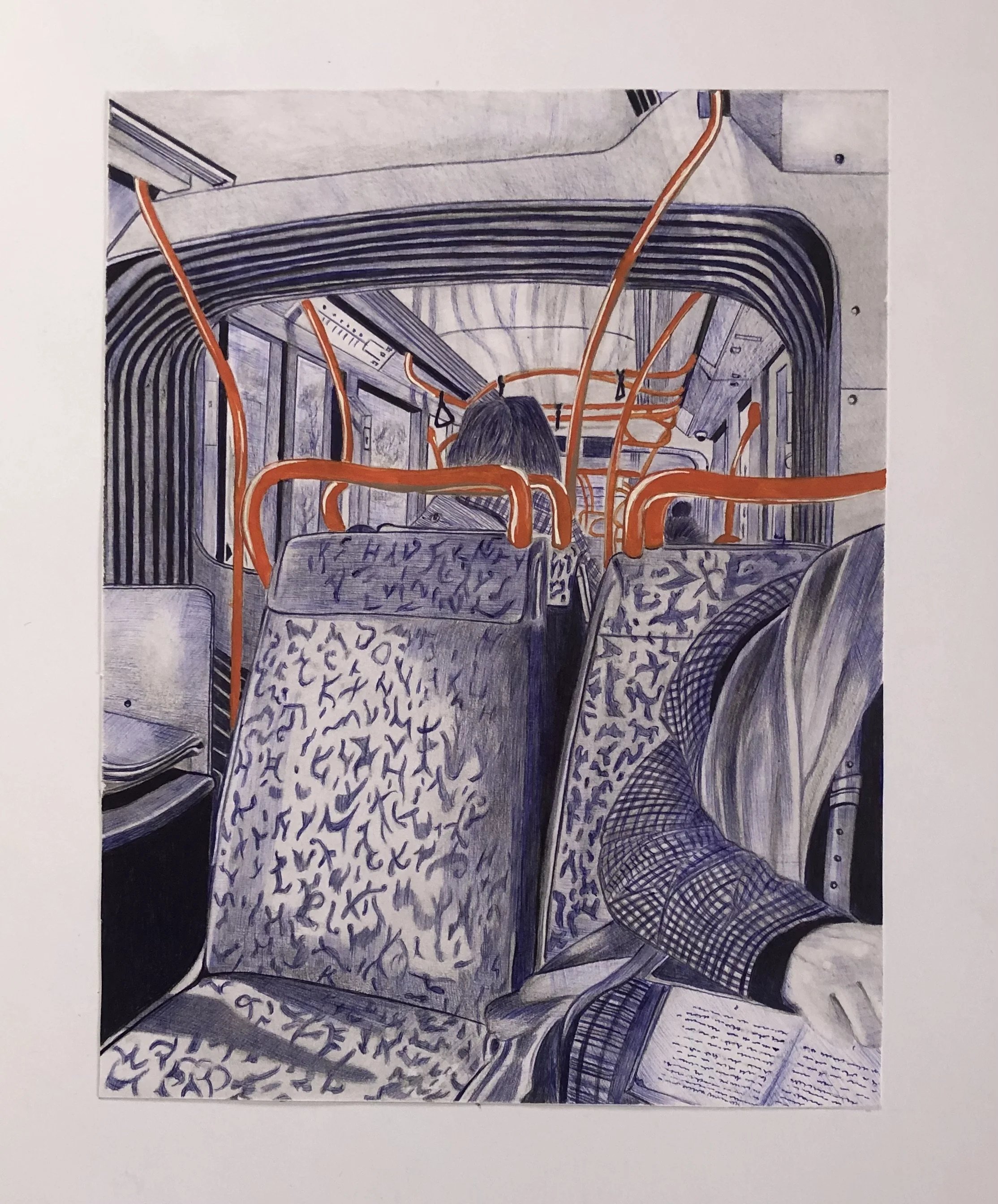 Voyage intérieur sur la ligne 3 du tramway à Montpellier
Stylo bille (Bic) et couleur sur papier
42 × 32 cm
Une scène de la vie quotidienne urbaine capturée de l'intérieur d'une rame de tramway. La composition nous plonge dans l'intimité d'un trajet 