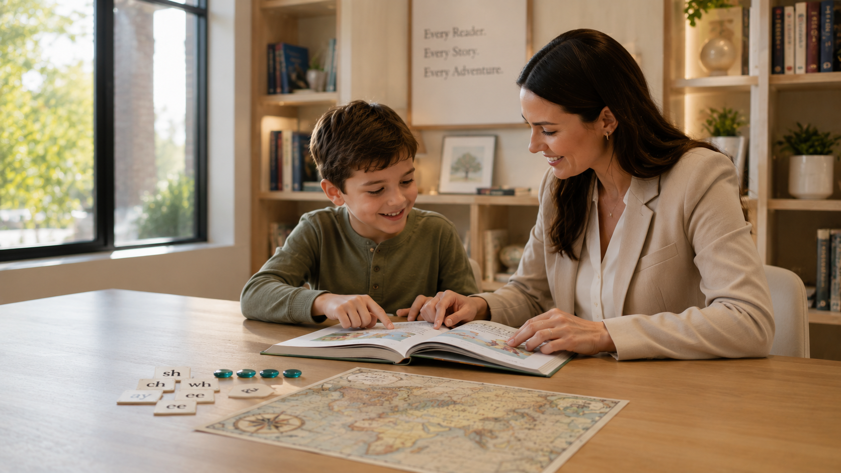 A woman and a boy smiling and reading a book together at a wooden table, with educational materials such as a map, scrabble tiles, and letter tiles, in a cozy room with bookshelves, plants, and a window in the background.