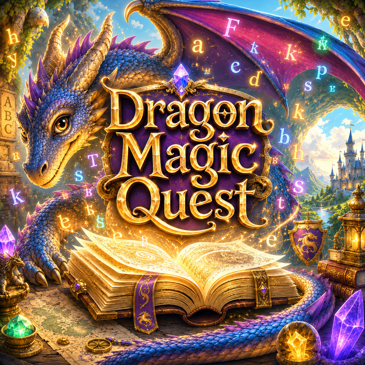 Colorful fantasy illustration featuring a blue and gold dragon curled around an open spellbook, with glowing letters and crystals, a castle in the background, and the text 'Dragon Magic Quest' in the center.