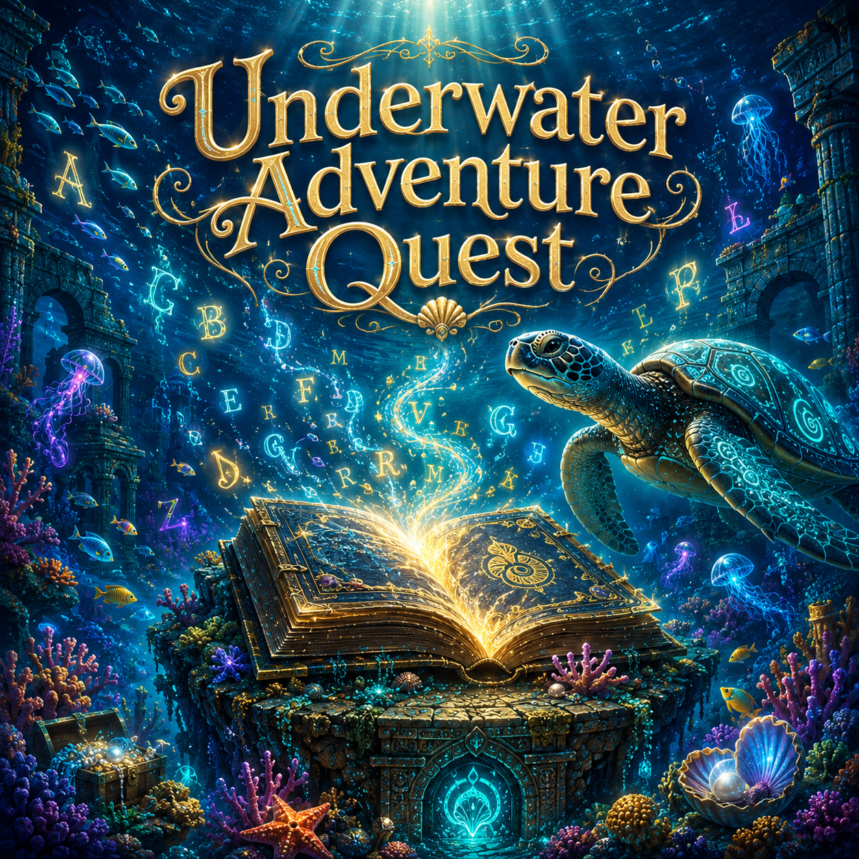 Underwater scene with a turtle, glowing fish, jellyfish, an open magical book, coral, and seaweed, promoting the game 'Underwater Adventure Quest'.