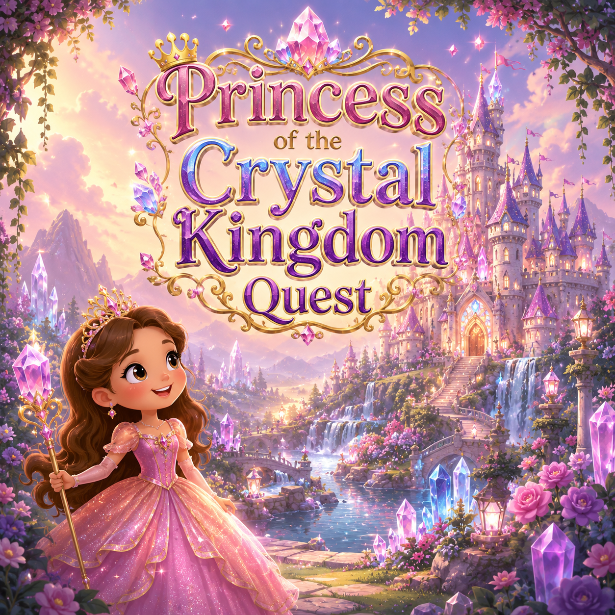 A colorful fantasy scene with a young princess in a pink sparkling gown holding a staff, standing in front of a castle with purple turrets and multiple waterfalls, surrounded by glowing crystals, pink flowers, and lush greenery, under a pink and orange sky. The image features the title 'Princess of the Crystal Kingdom Quest' in ornate pink and purple lettering with a crystal crown.