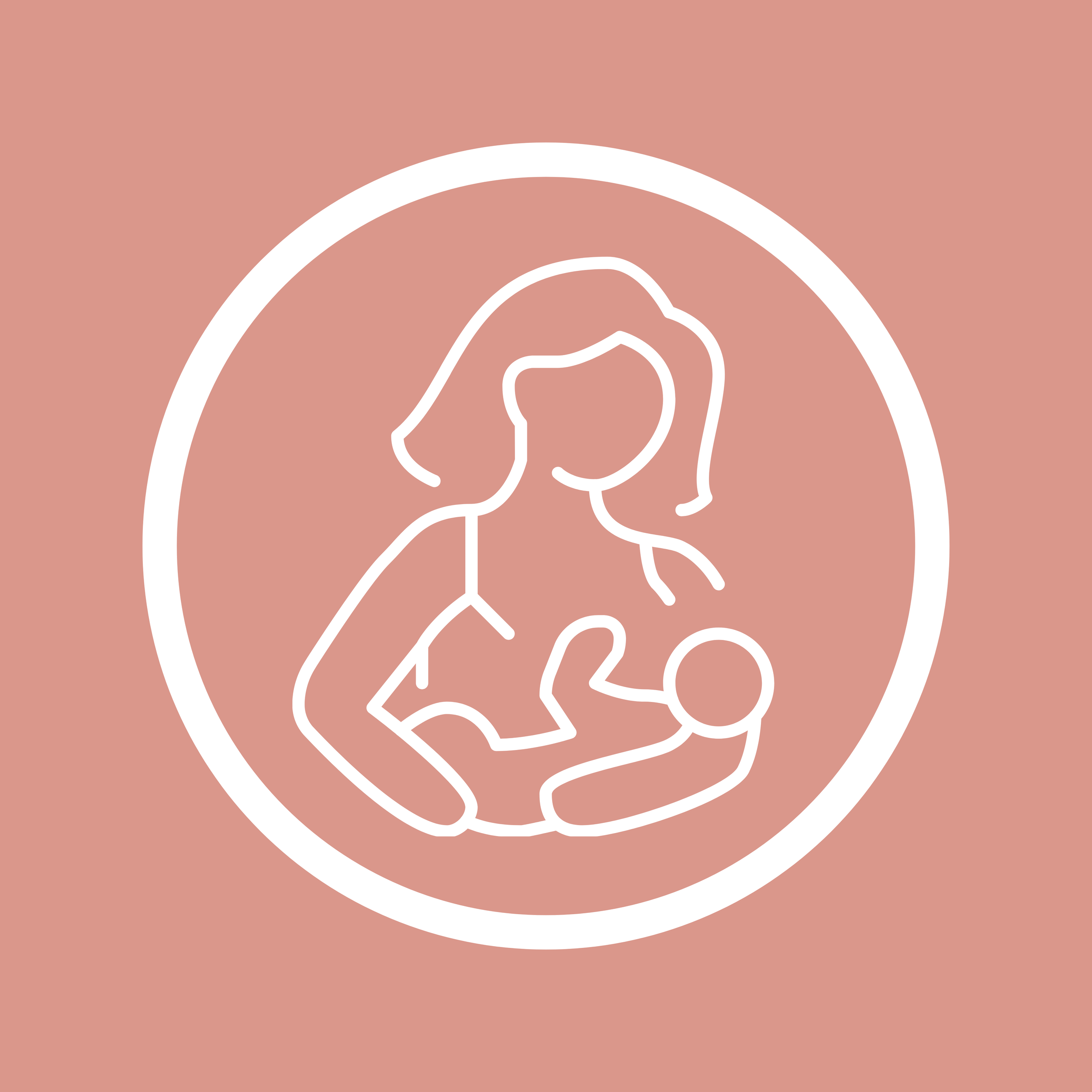 Line art illustration of a pregnant woman with state outlines of her abdomen and limbs, on a pinkish background, within a white circle.