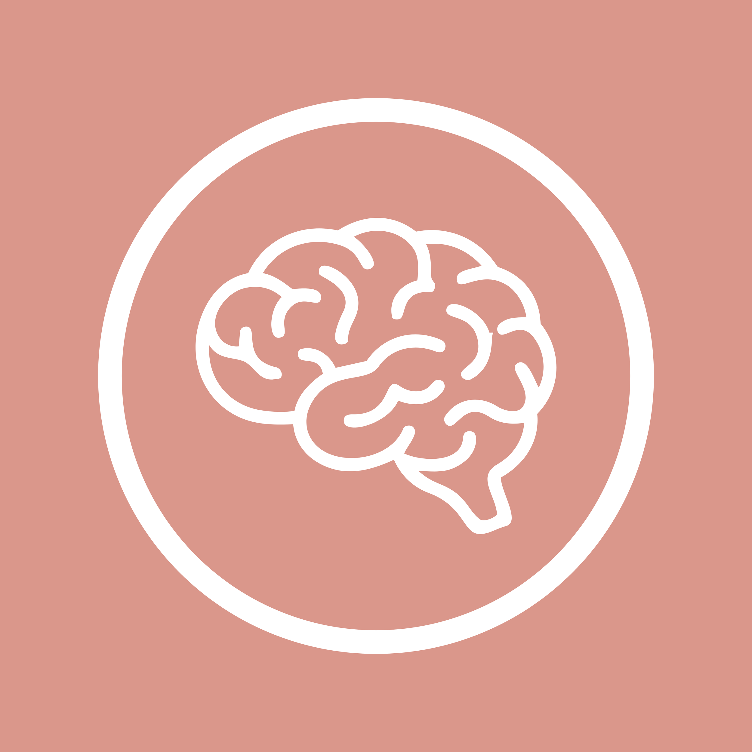 Line drawing of a brain inside a circular outline on a muted pink background.