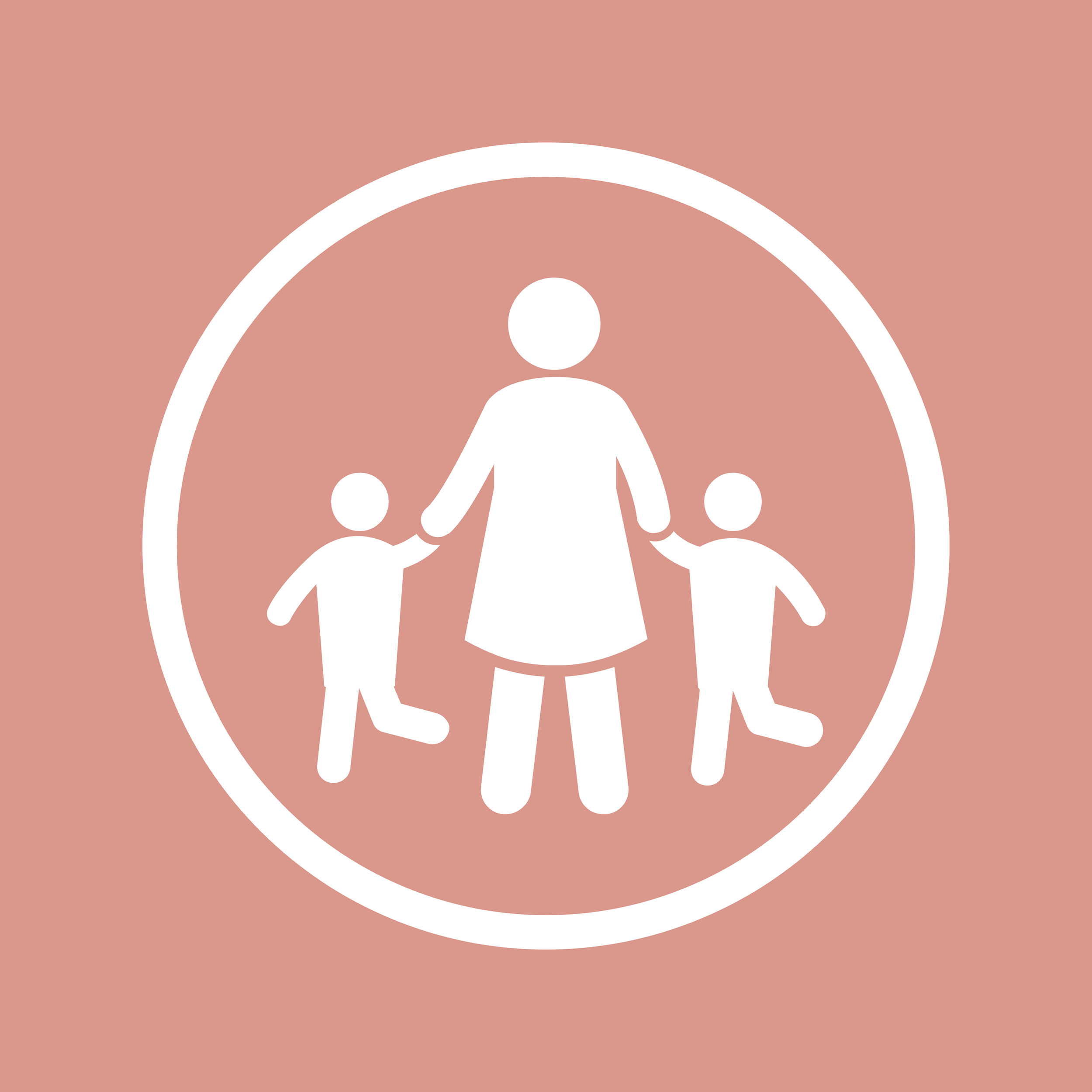Stylized depiction of a person in a dress, standing on connected circles within a white circular outline, against a muted pink background.