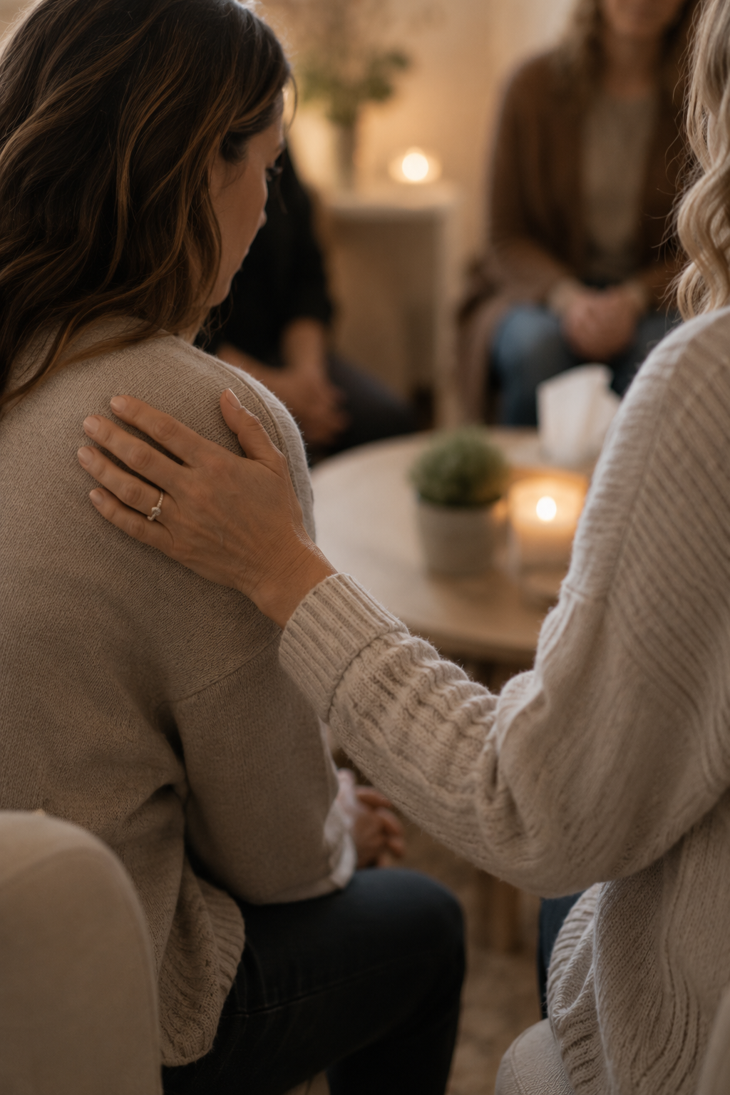 A woman places her hand on another woman's shoulder in a warm, intimate setting with candles and cozy decor.