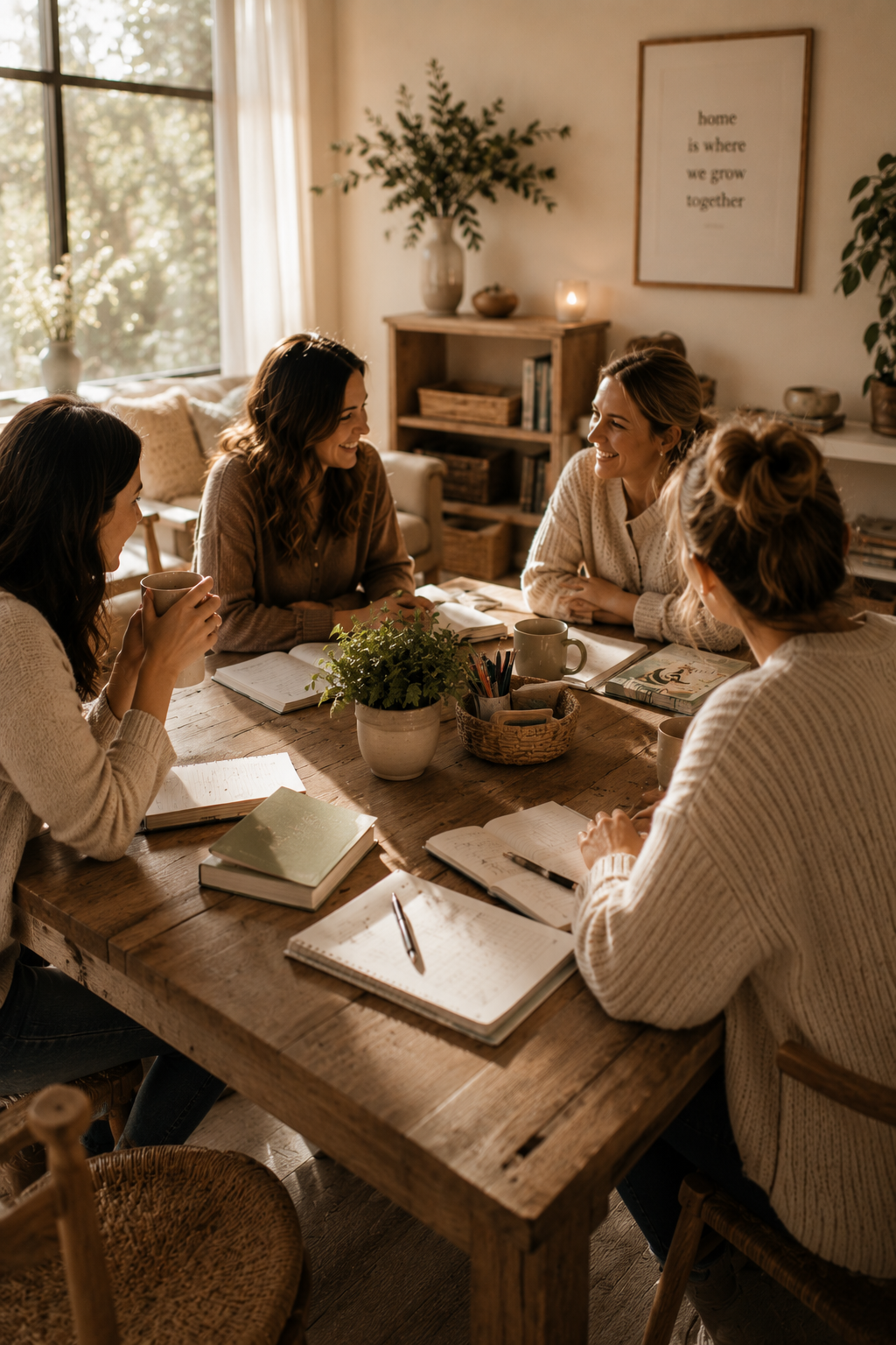 Four women sitting around a wooden table in a cozy, well-lit room, engaged in conversation with notebooks, pens, and mugs on the table, and greenery and family quotes decorating the background.