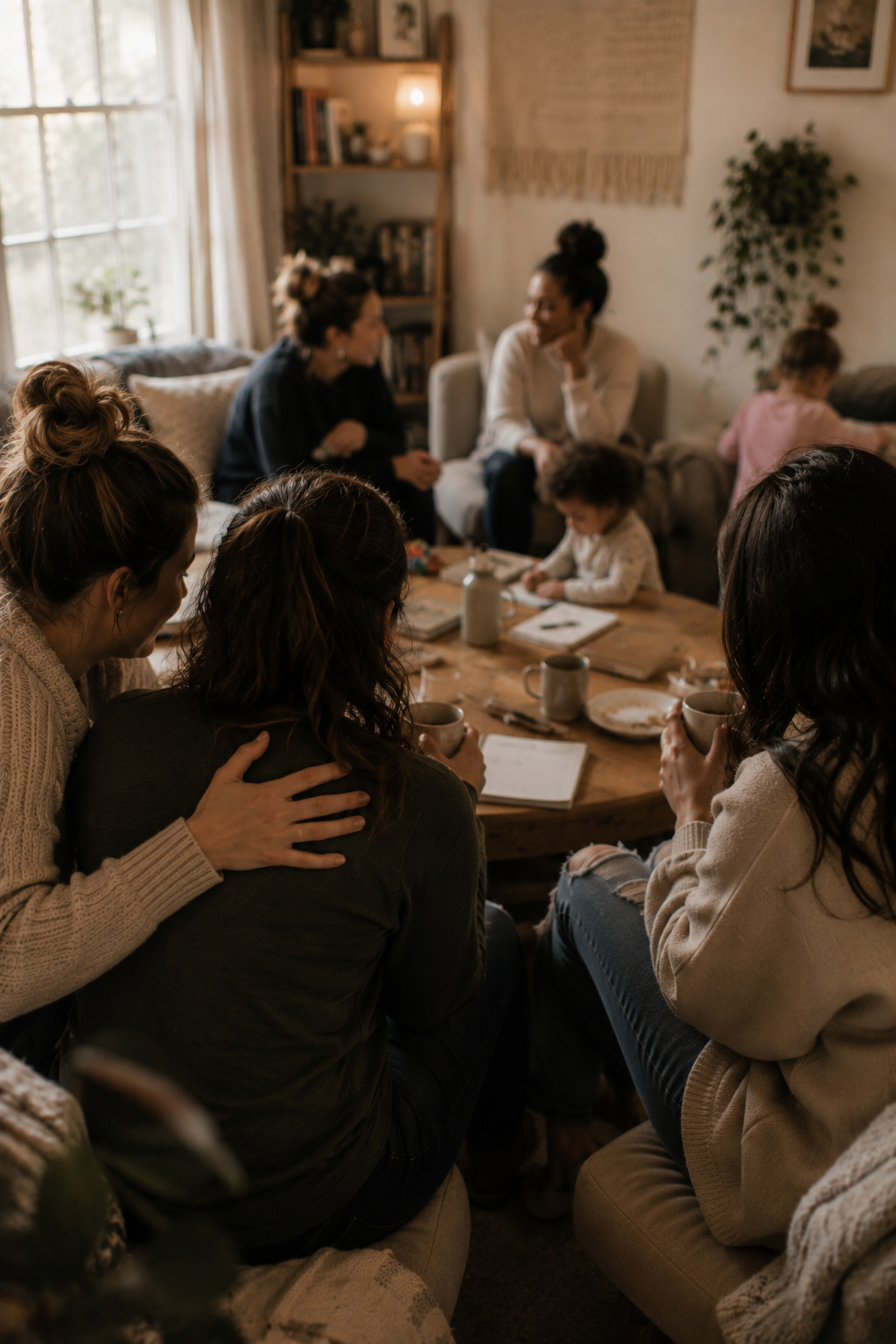 A group of women and children gathered around a wooden table in a cozy living room, engaging in conversation and sharing drinks, with books and decor visible in the background.