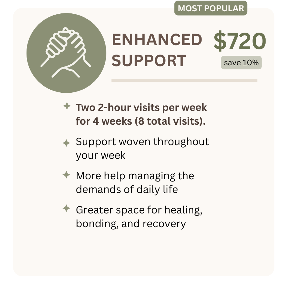 A marketing flyer advertising an enhanced support program, priced at $720 with a 10% savings. The flyer features an icon of two hands clasped together and details the support schedule, benefits, and features.