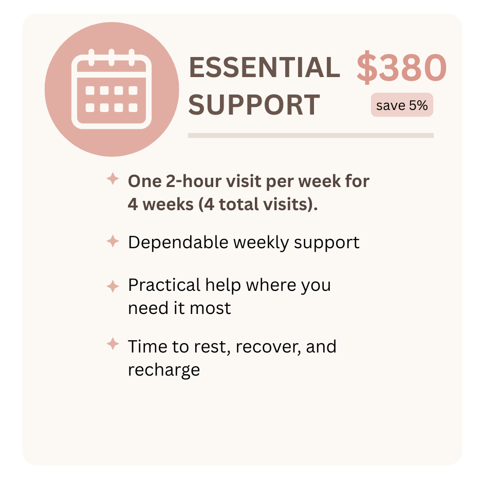 Information about a support plan costing $380, offering 4 visits of 2-hour weekly sessions over 4 weeks, with benefits like reliable weekly support, practical help, and time for rest and recovery.
