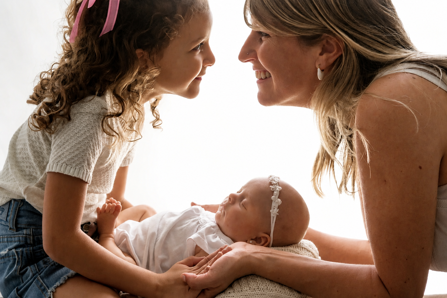A young girl and a woman, possibly her mother, are smiling and leaning close together with their foreheads touching, gazing at each other. The girl is holding a sleeping baby girl who is lying on a knitted blanket. The baby is wearing a white outfit and a headband with a bow.