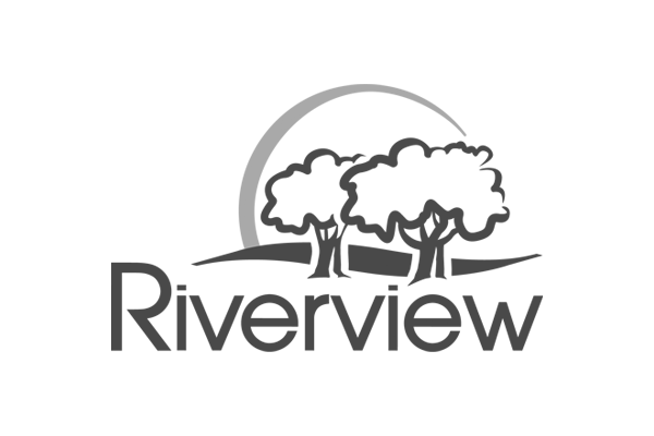 Riverview logo with trees, a sun or moon, and the word 'Riverview' underneath.