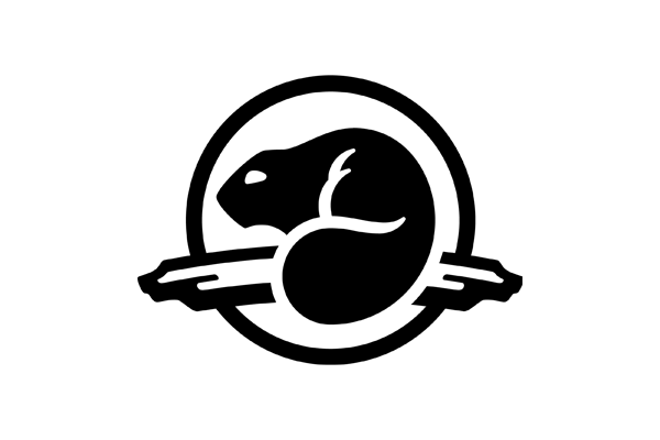 Black and white logo of a rat inside a circle with two diagonal lines underneath.