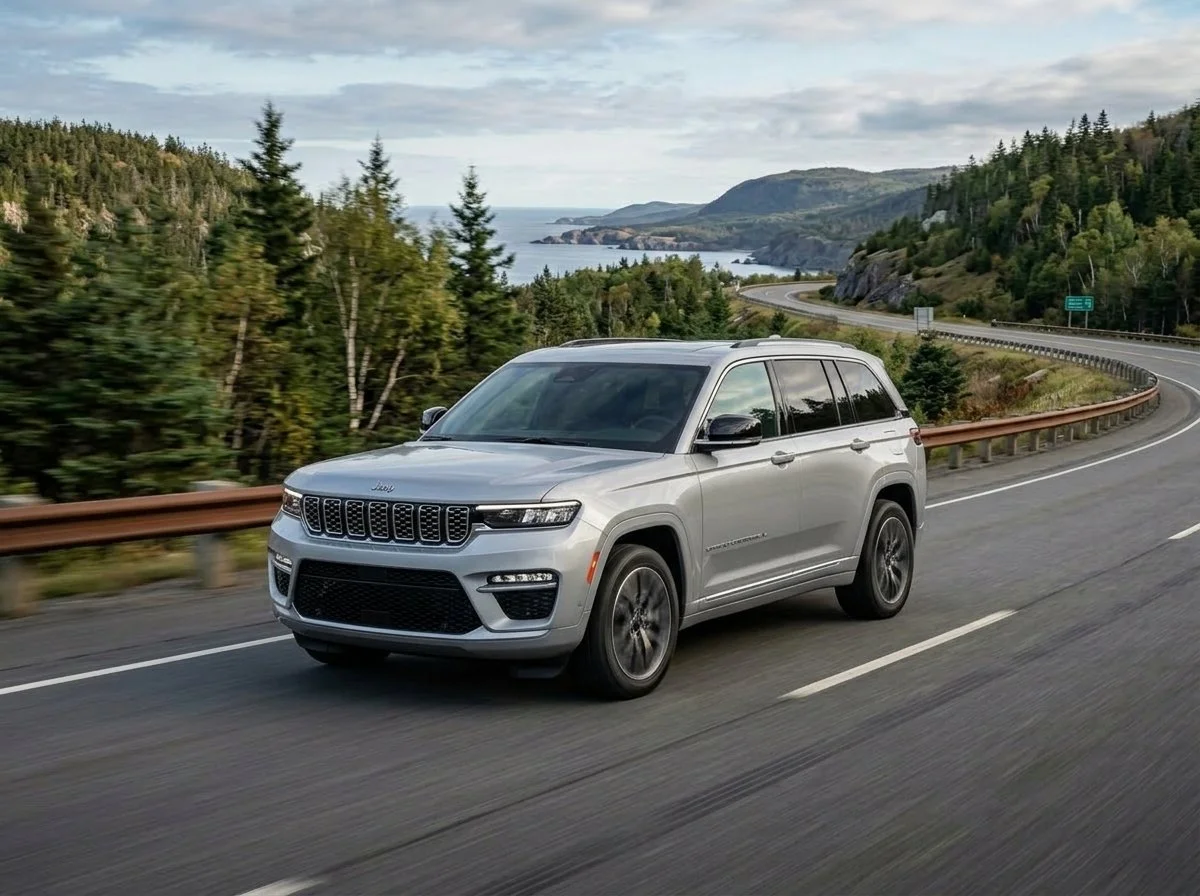 A silver SUV driving on a curving highway through a scenic landscape with trees, hills, and a body of water in the background.